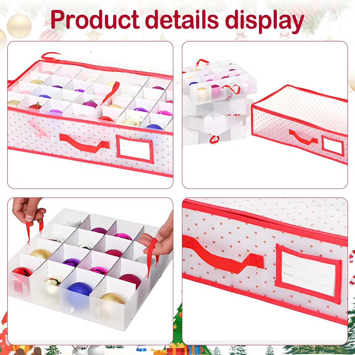 Caja Almacenamiento Bolas Navidad, Caja Transparente Rectangular Con Divisores 64 Compartimentos Organizador Adornos Navidad Plegable Para Decoraciones Navideñas 61x31x17 Cm