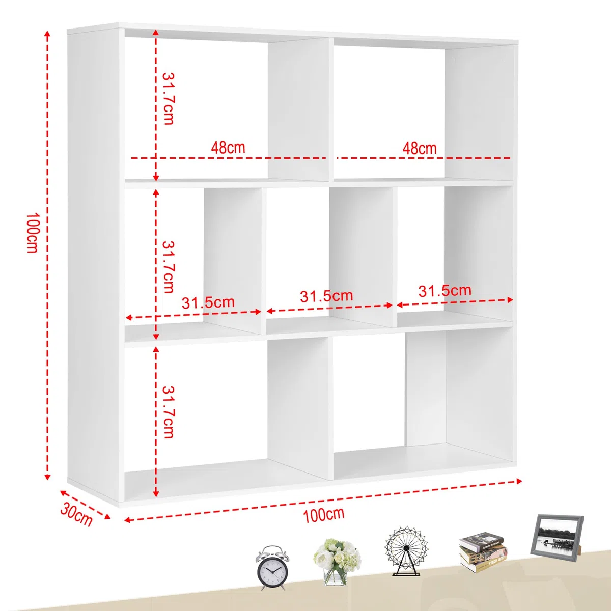 eSituro Librería de Madera, Estantería Libros de 3 Niveles | 7 Estantes Modulares de 2 Tamaños, para Salón, Oficina, Dormitorio, Estudio, Blanco, 100x100x30 cm, SBKC0042