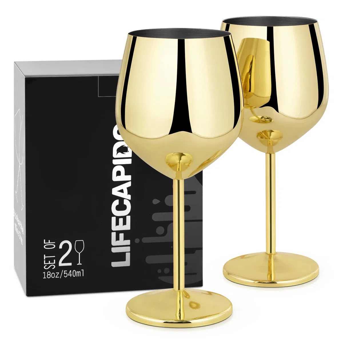 Lifecapido Juego de 2 copas de vino de acero inoxidable, copas de vino de acero inoxidable de 18 onzas, copas de vino de metal con tallo con cepillo para tazas para fiesta, oficina, boda, aniversario,