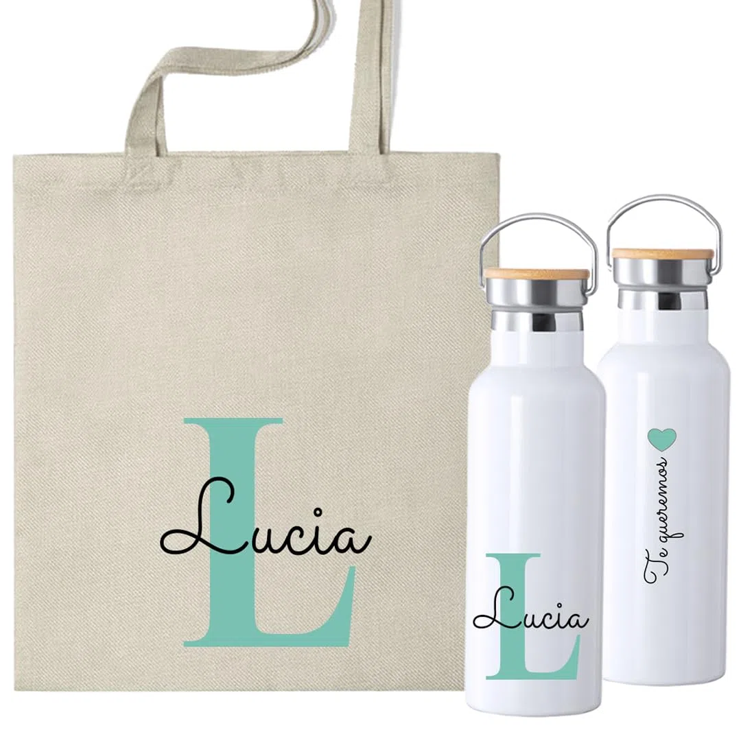 Pack Personalizado con DEDICATORIA Y NOMBRE eh Botella Térmica 500ml y Bolsa de Tela, Diseño con Inicial, Botella Personalizada, regalo profesores