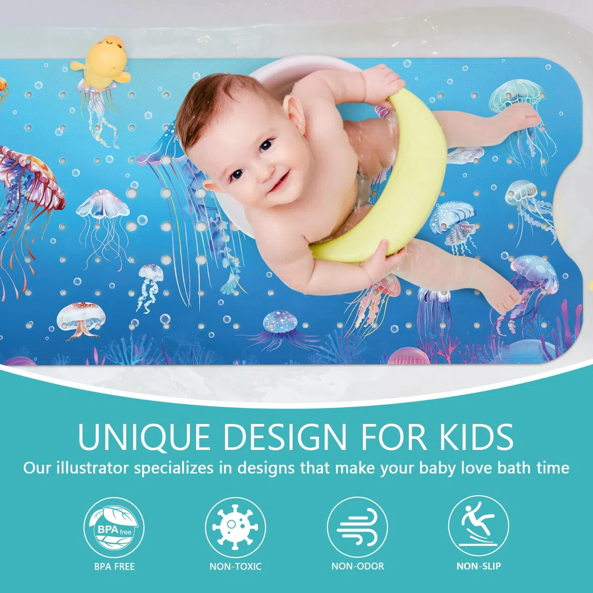 Alfombra Bañera Antideslizante Infantil -100 X 40 cm, Alfombrilla de Baño Antideslizante para Niños, Alfombra Ducha Antideslizante, Resistente al Moho, sin BPA, Lavable a Máquina, Medusa