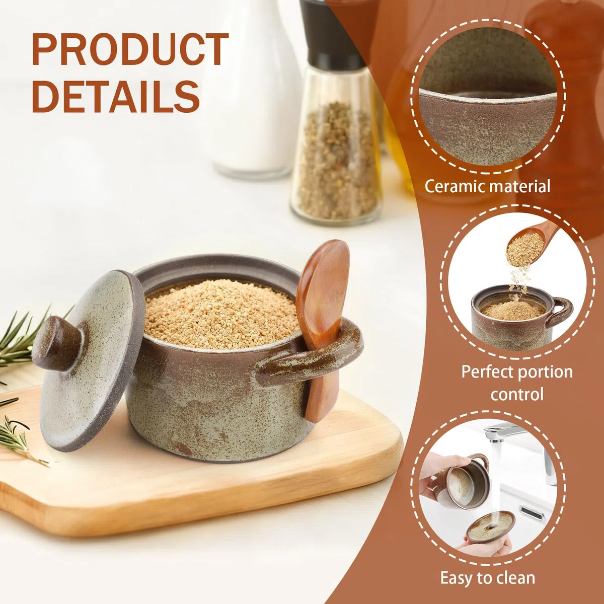 Yitexin Salero de porcelana moteada de 8.5 onzas con tapa y cuchara de madera, soporte para plato de sal de pimienta hecho a mano, tarro de especias esmaltado, recipiente para encimera de cocina