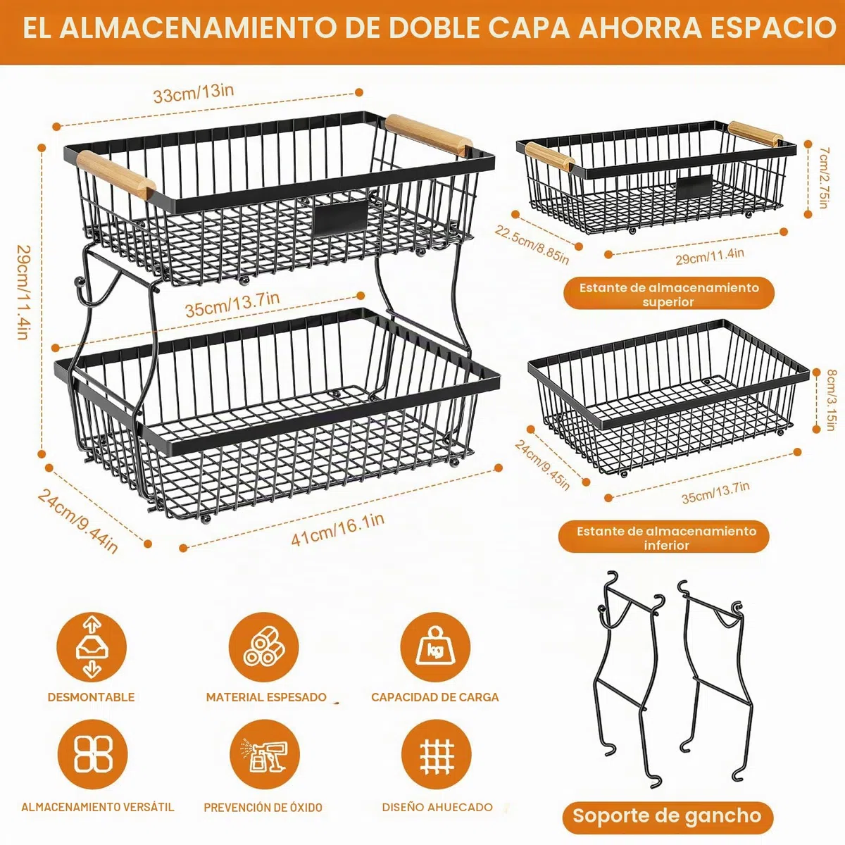 Frutero 2 Pisos, Fruteros de Cocina, Diseño Desmontable, Frutero para Guardar Fruta y Verdura (Negro)