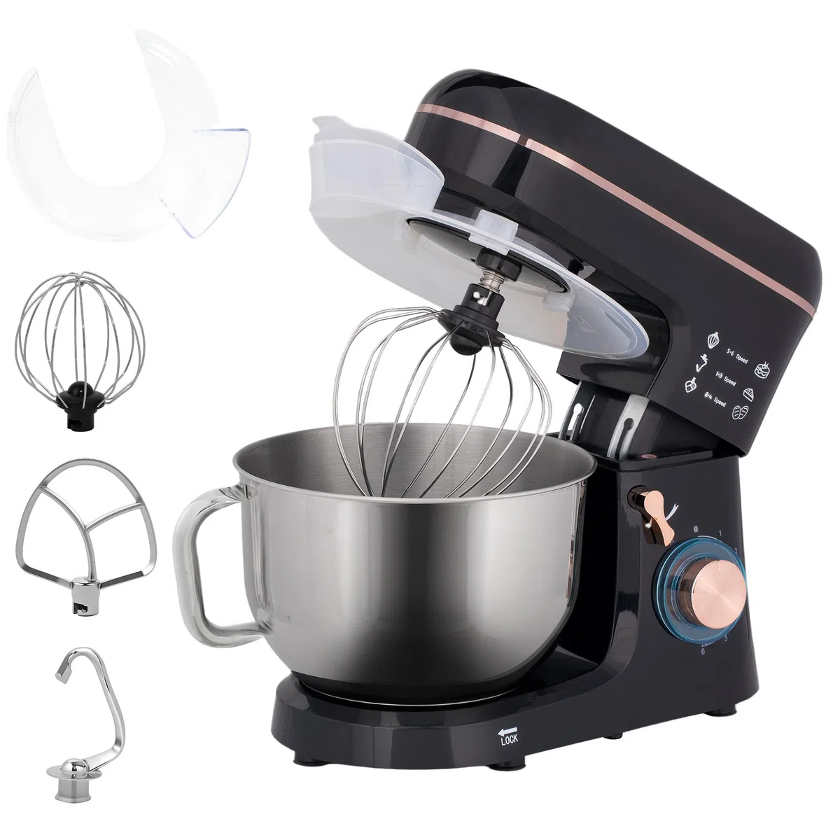 HOMCOM Robot de cocina de 1400 W con velocidad de 6 + P, amasadora con cuenco de acero inoxidable de 5,5 L, con gancho para amasar, protección contra salpicaduras, batidor, gancho para mezclar