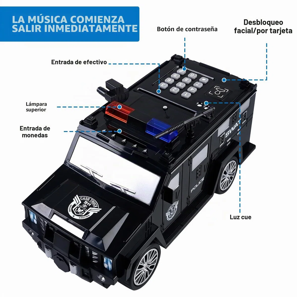 Vegena - Hucha electrónica para niños y niños (camión blindado, hucha mágica, con cerradura de código, tarjeta bancaria, alarma antirobo y efectos de sonido