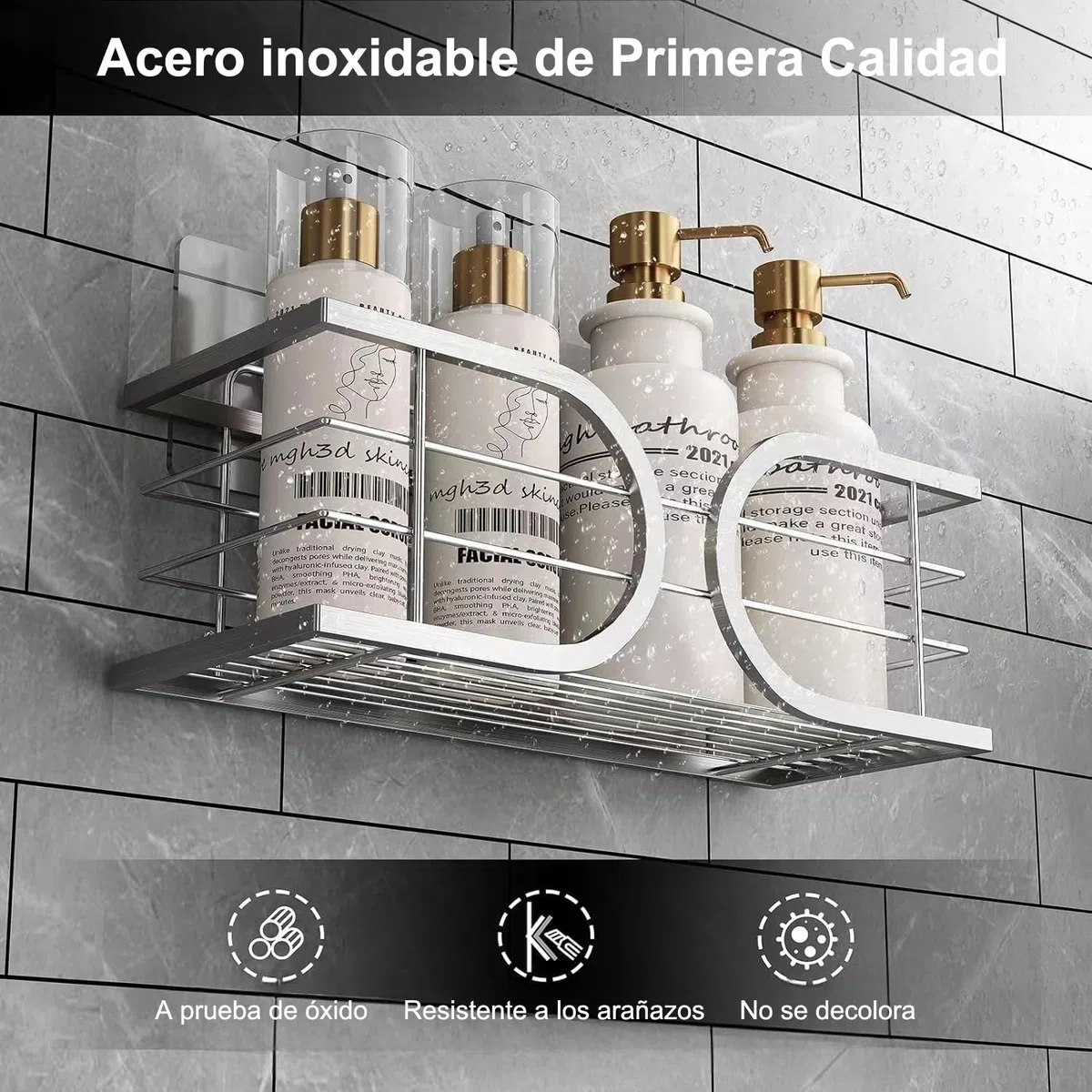 Adhesivo Estantes Cesta para Ducha de Baño Gran Capacidad 304 Acero Inoxidable Ducha Estanteria Organizador para Cocina o Baño 2 Piezas(Plata)