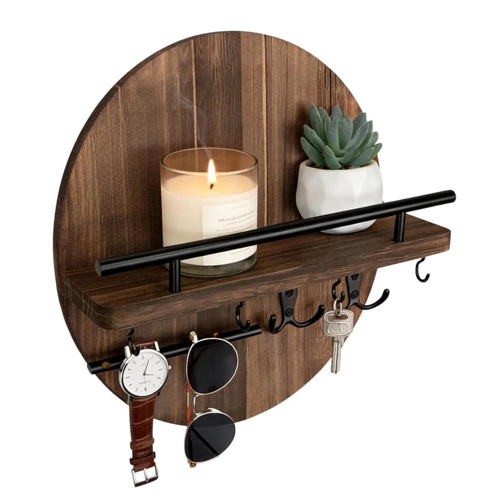 Portallaves con estante, redondo, soporte para llaves vintage, de madera con espacio de almacenamiento, decorativo de madera, soporte para llaves, para decoración de pasillo (marrón, 30 x 30 x