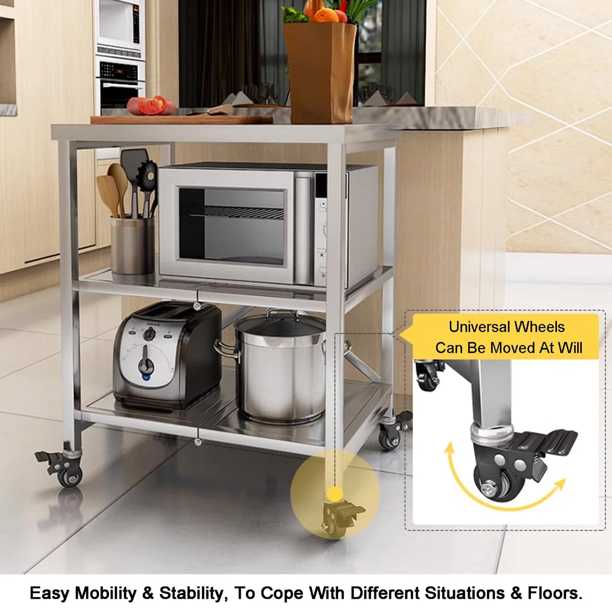 Carro De Acero Inoxidable con 3 Estantes, Carro De Cocina con Ruedas De Freno, Estante Plegable Y Rodante para Catering, Carro De Transporte para Cocina De Restaurante