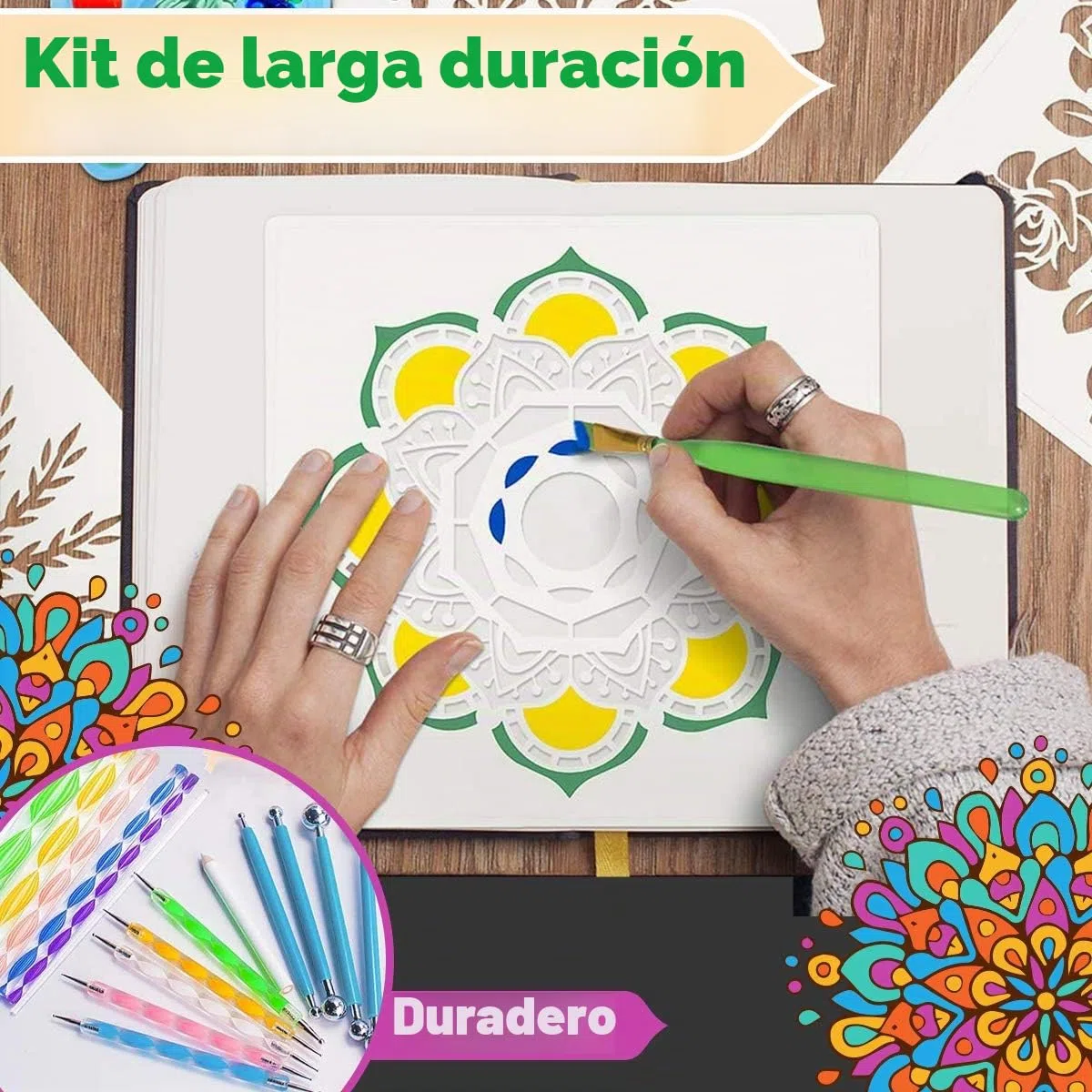 Kit Herramientas Puntillismo Mandala (Dotting Tools), Set para Pintar Piedras con Plantillas, Punzones y Pinceles. Estuche para Manualidades, Nail Art, Cerámica, Adultos y Niños, Idea de Regalo