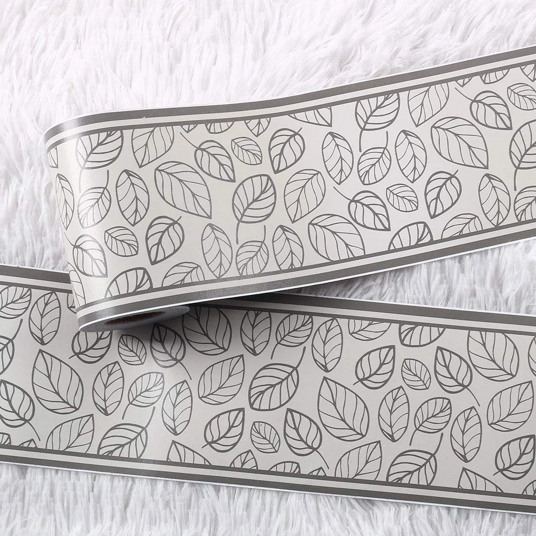 Sourcingmap,Cenefa de papel de pared autoadhesiva, revestimiento de PVC, bordes de suelo para cocina, baño, dormitorio, Gris Negro, Leaves Pattern