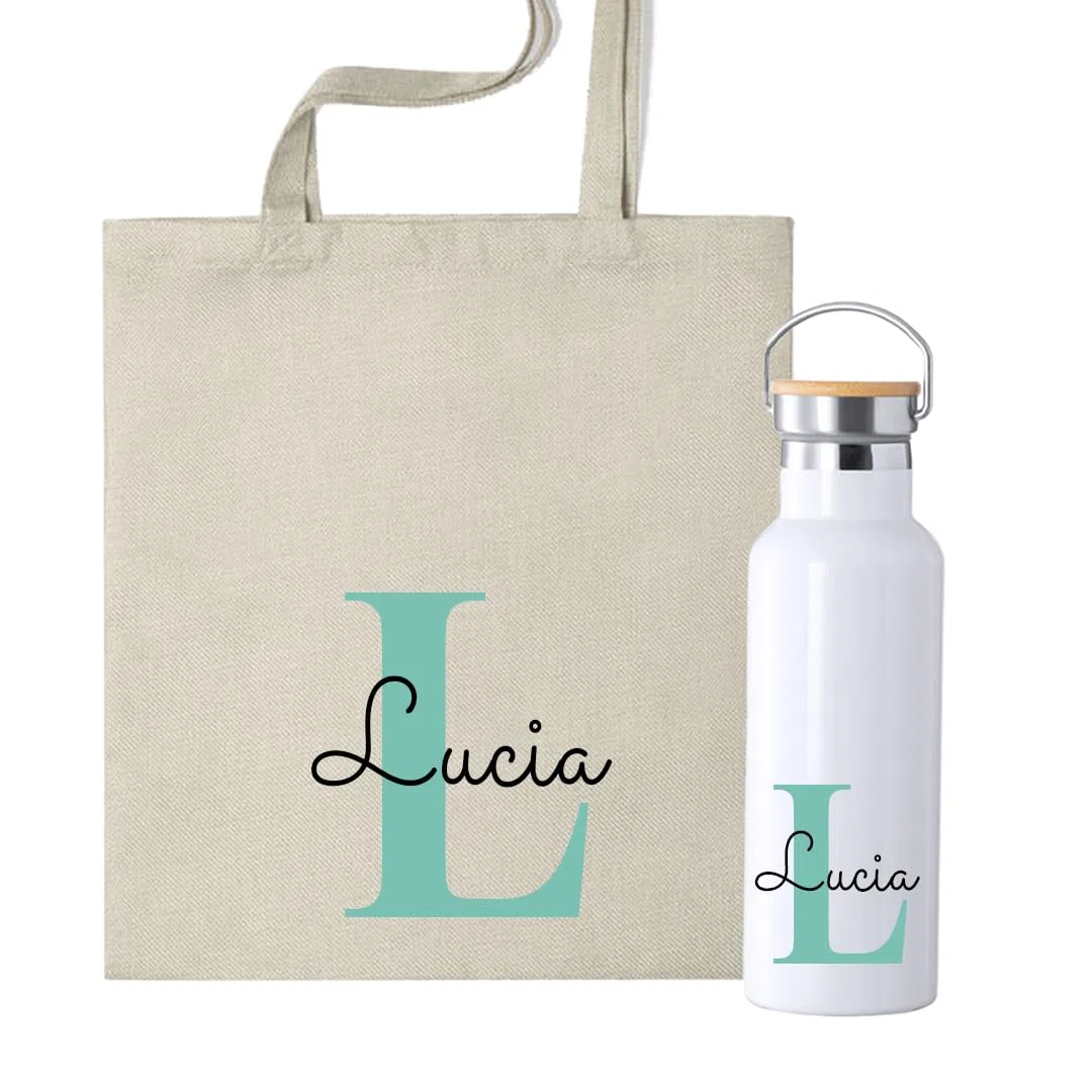Pack Personalizado con DEDICATORIA Y NOMBRE eh Botella Térmica 500ml y Bolsa de Tela, Diseño con Inicial, Botella Personalizada, regalo profesores
