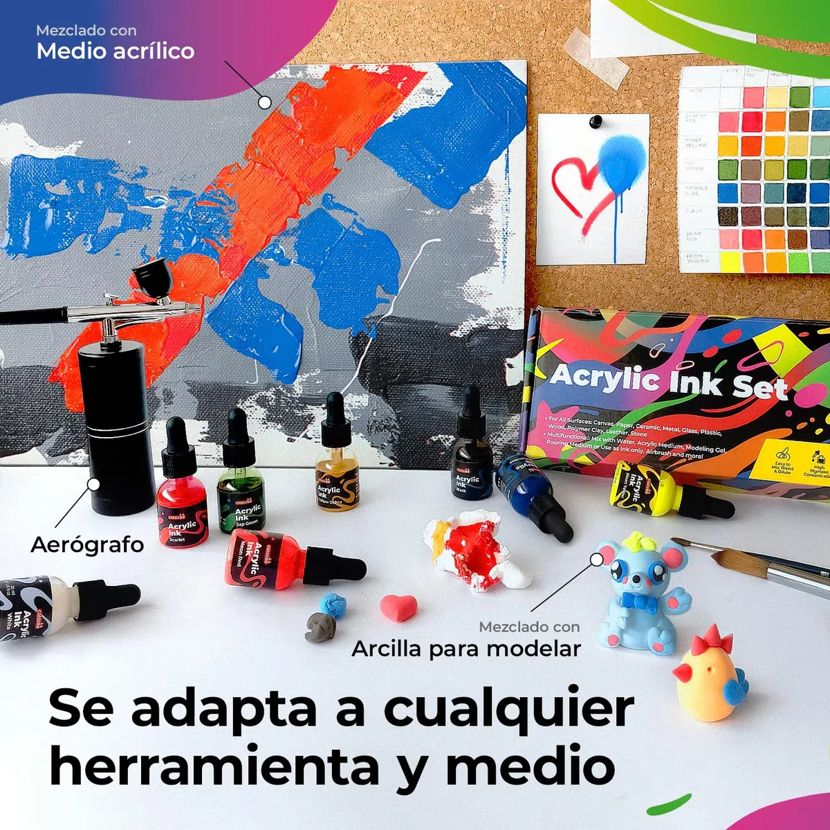 Colozoo Set de Tinta Acrílica 8x20ml, permanente y resistente al agua, 6 colores primarios y 2 neón, pintura líquida para aerógrafo, pouring, medium acrílico, tinta acrílica para todas las superficies