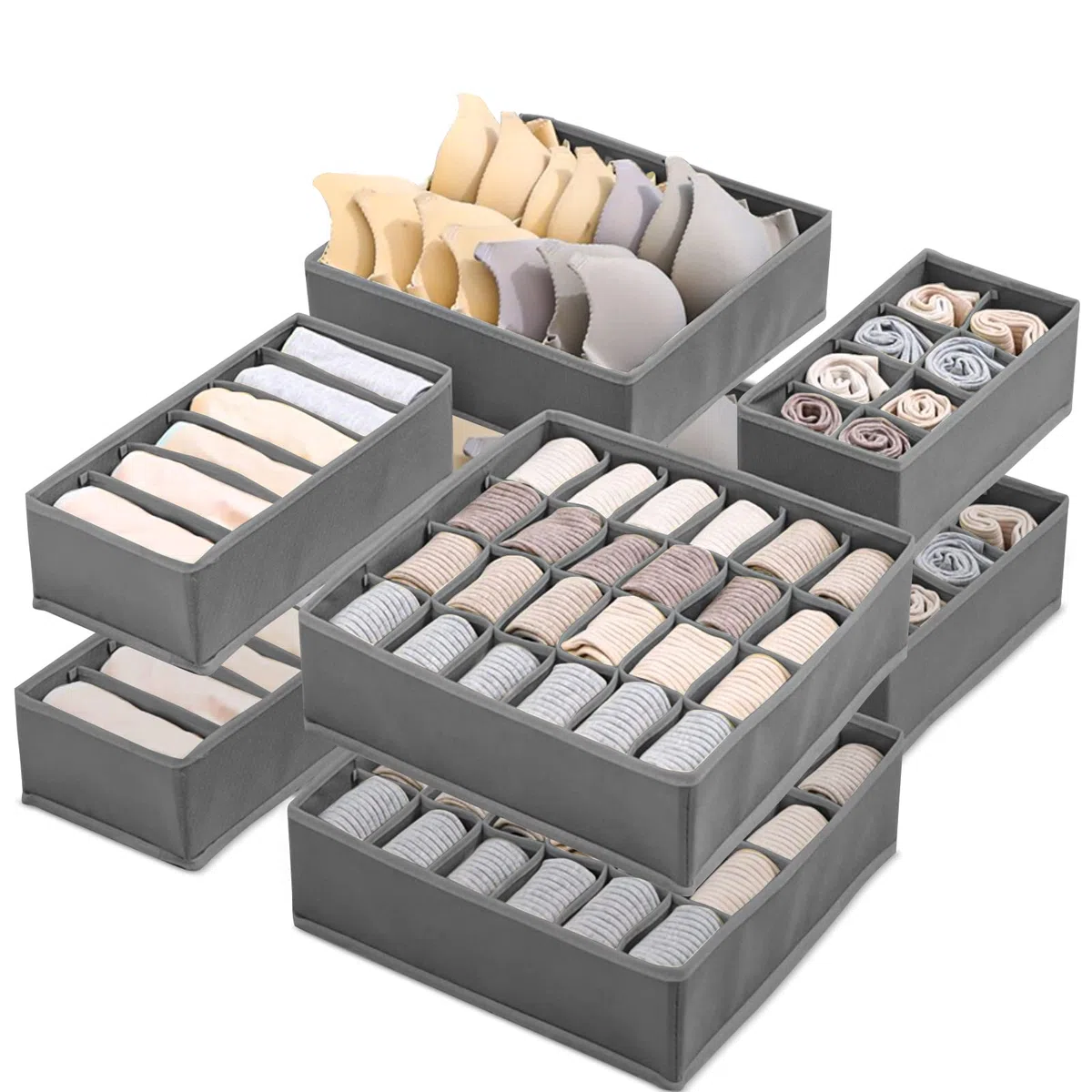 Organizador Cajones Juego de 8 Cajas Almacenaje Plegables de Tela Para Guardar Ropa,Organizador Ropa Interior,Organizadores de Cajones No Tejidos para Sujetadores,Calcetines,Bufandas- Gris Oscuro