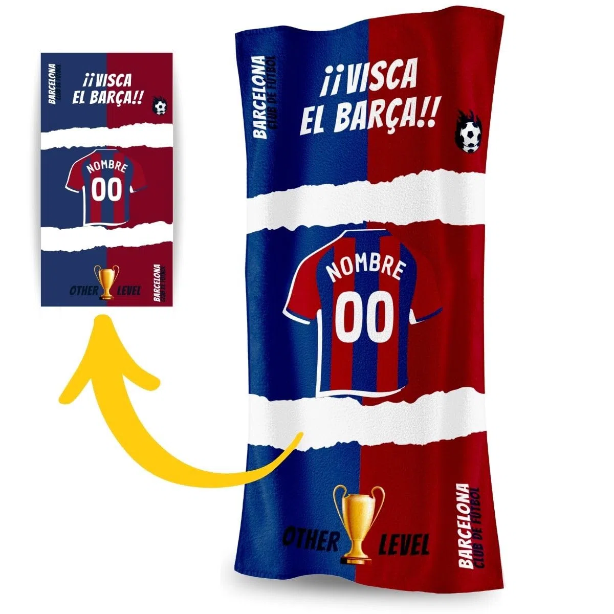 DEREGALOOS Toalla Personalizada con Nombre y Equipo de fútbol. Regalos Personalizados fútbol Barcelona. Regalo Original para Aficionados del Fútbol. Regalo Mundial futbolistas.