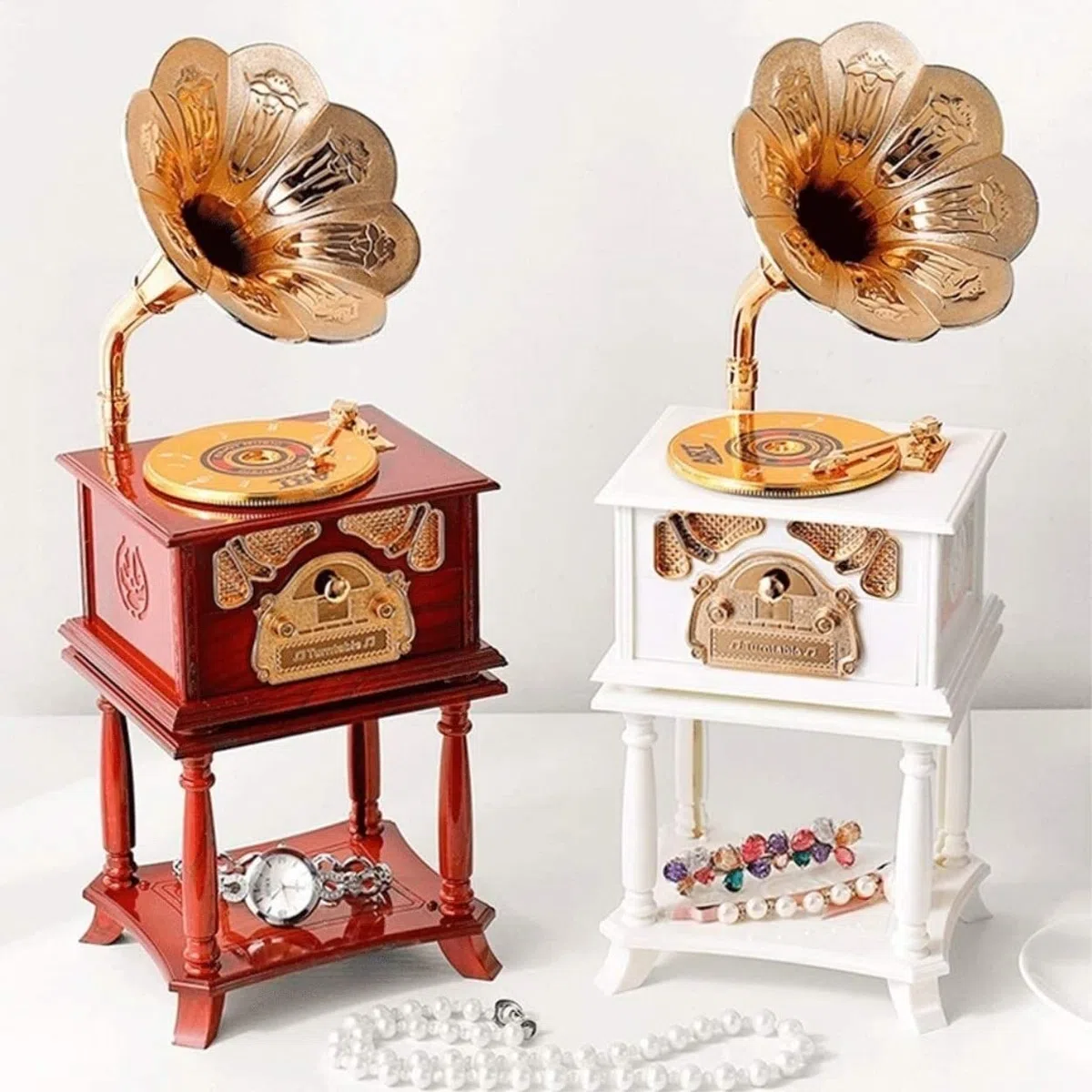 Caja de música de plástico para discos, fonógrafo, caja de música, almacenamiento de joyas, caja de música para decoración de Navidad, regalo de cumpleaños (marrón, 12,4 x 11,5 x 33,8 cm)