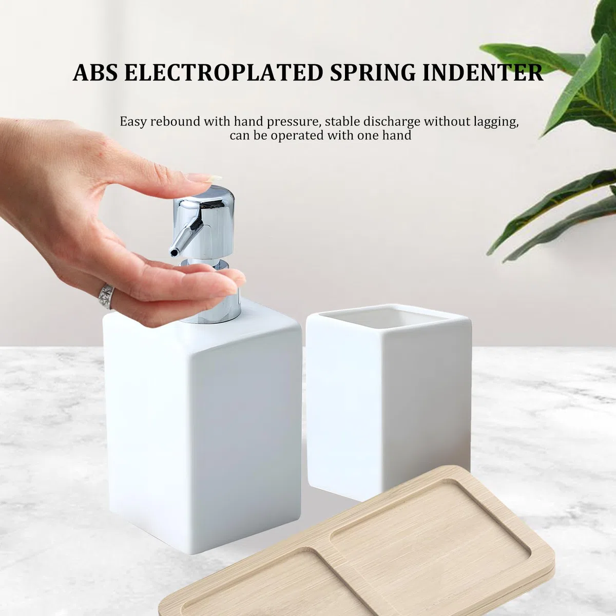 Juego de accesorios de baño blancos, juego de baño de cerámica de 3 piezas, accesorios de baño de lujo, incluye dispensador de jabón líquido de 320 ml, vaso de baño, bandeja de madera, kit de