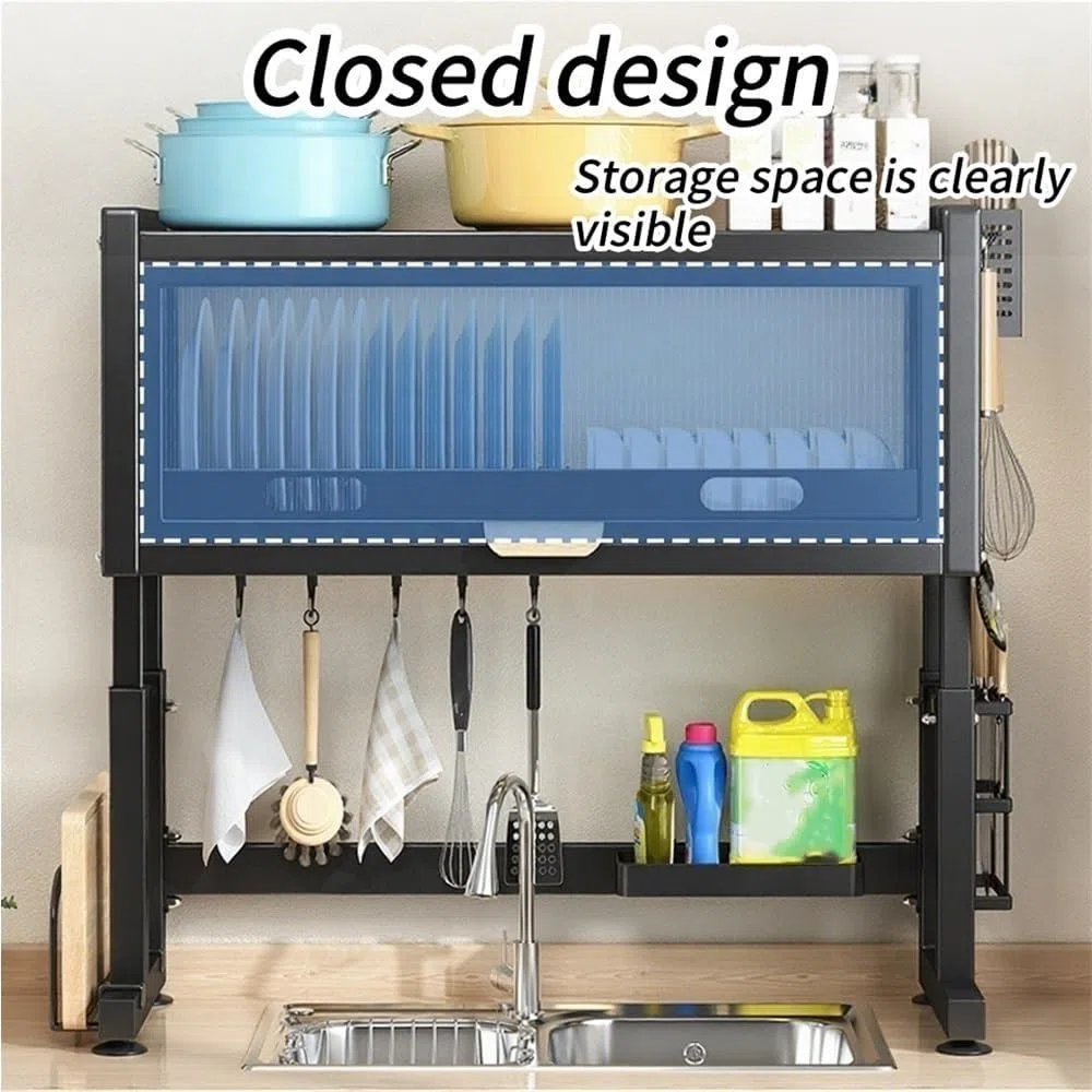 Genérico Escurreplatos sobre el Fregadero con Tapa Que Ahorra Espacio - Elegante escurridor de Platos Negro para Platos, Vasos, Cuencos y Cubiertos - Escurridor de 65 cm para maximizar el almacenamie