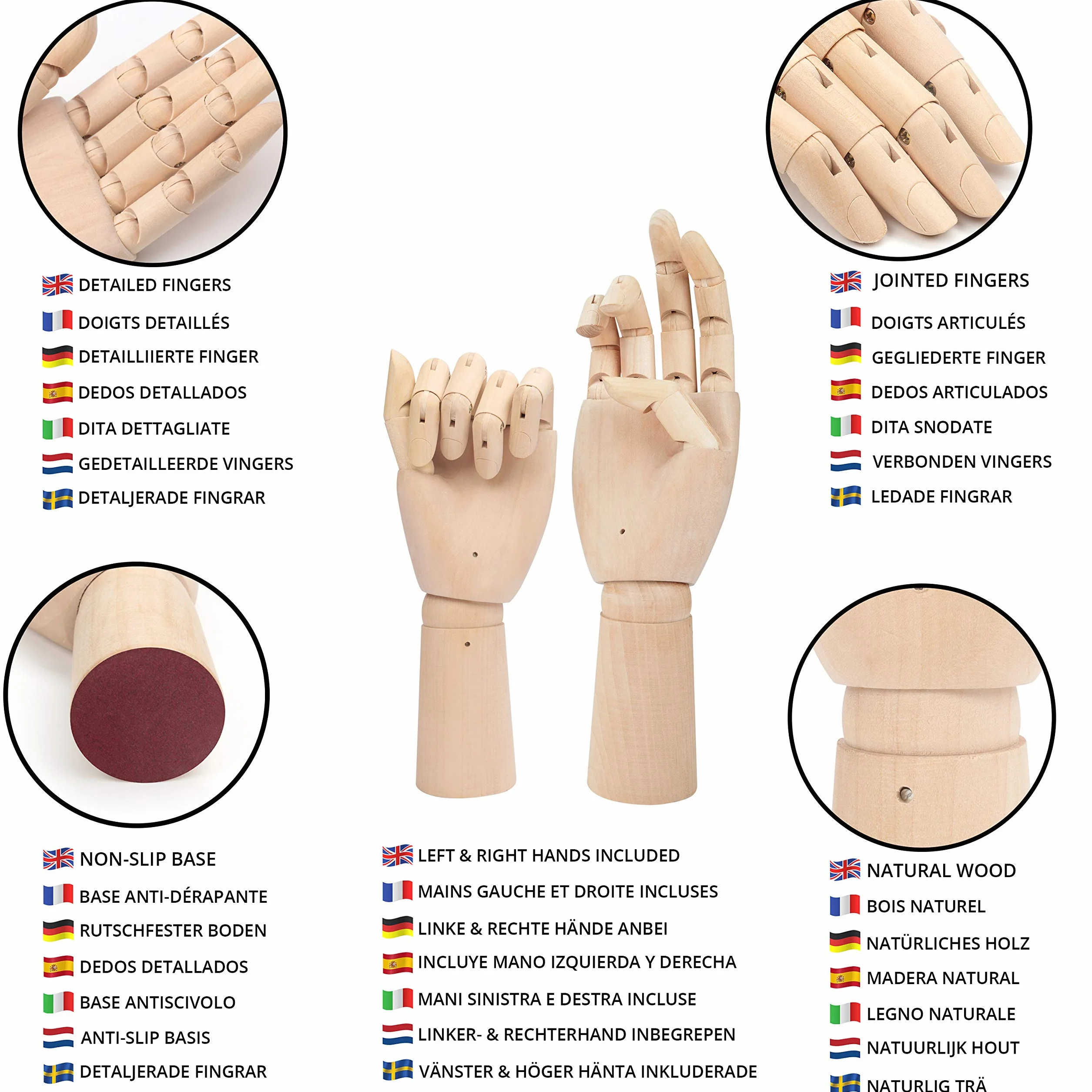 Hermosa Mano articulada de Madera Izquierda y Derecha (2 Piezas) – Longitud 30 cm – Mano maniquí articulado de Madera para Dibujo, bocetos y Pintura – Portajoyas