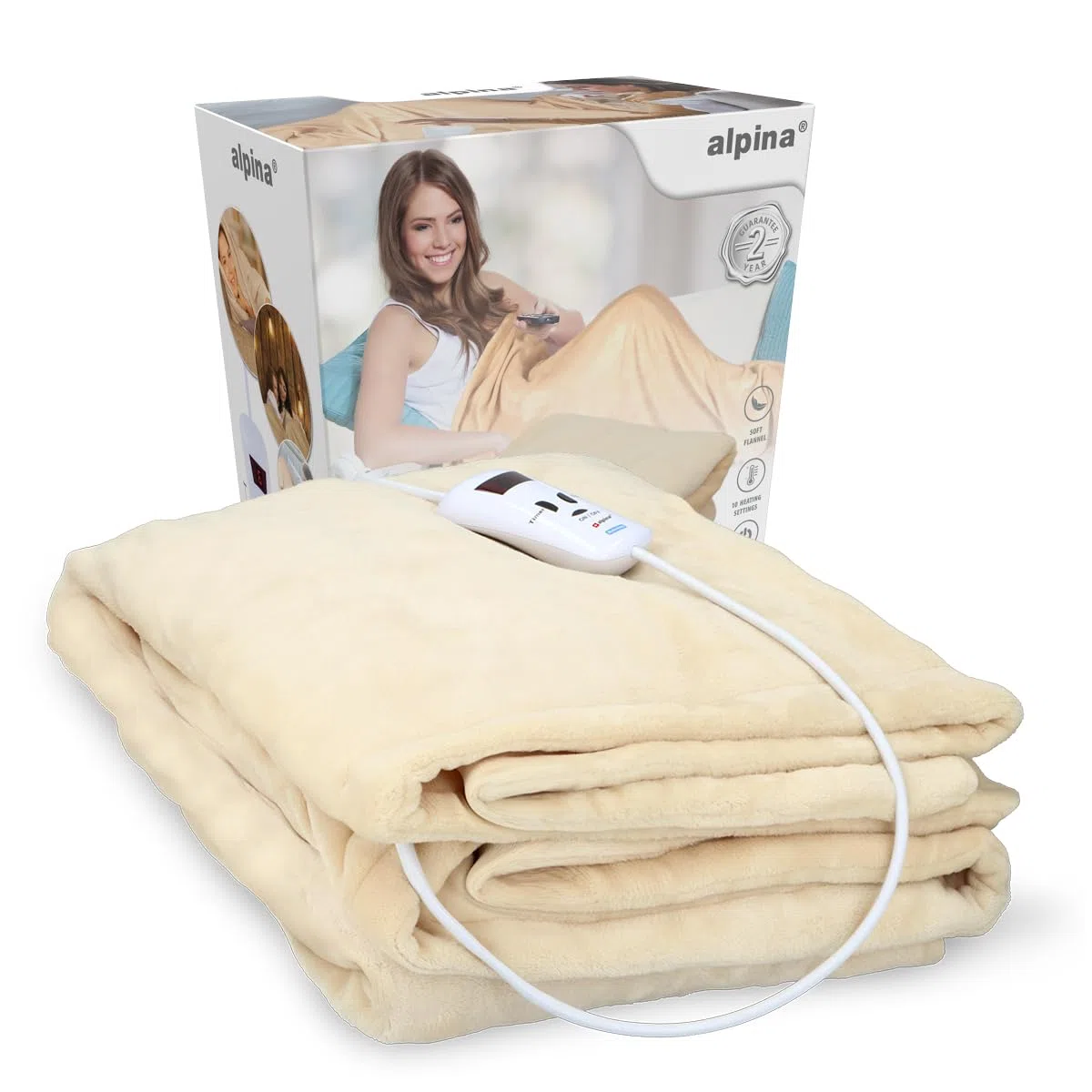 alpina Manta Térmica Eléctrica - 1 Persona - 180x130 cm - Manta Eléctrica para Cama Matrimonio - 10 Potencias de Calor - Temporizador - Ideal para Calienta Camas Eléctrico y Dolor Menstrual - Beige