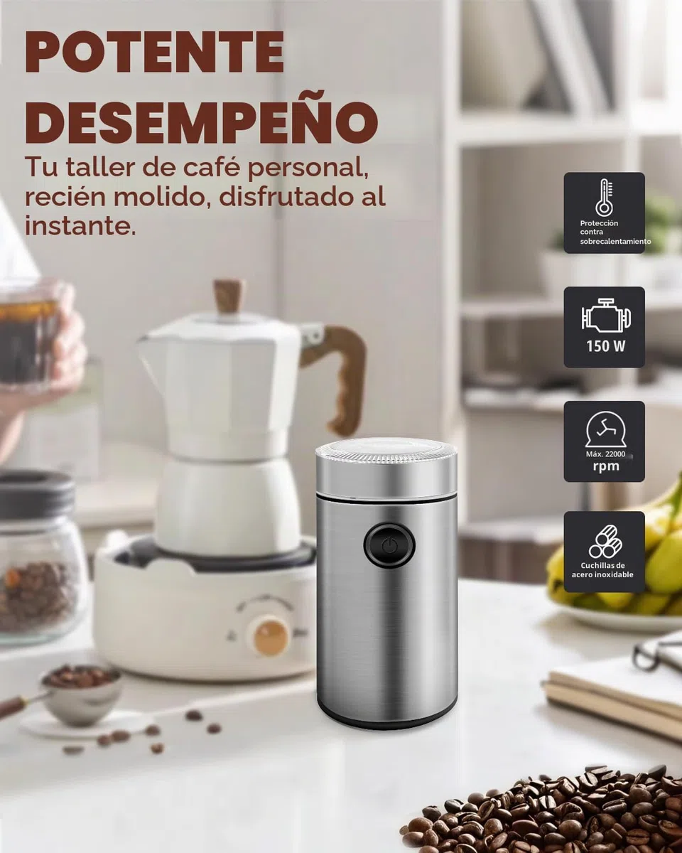Molino de Café Eléctrico de Acero Inoxidable, 150W 22000 RPM Alta Velocidad, Capacidad 50g, Molinillo Compacto para Granos de Café, Nueces, Especias y Semillas (9.7x9.7x17.8cm)