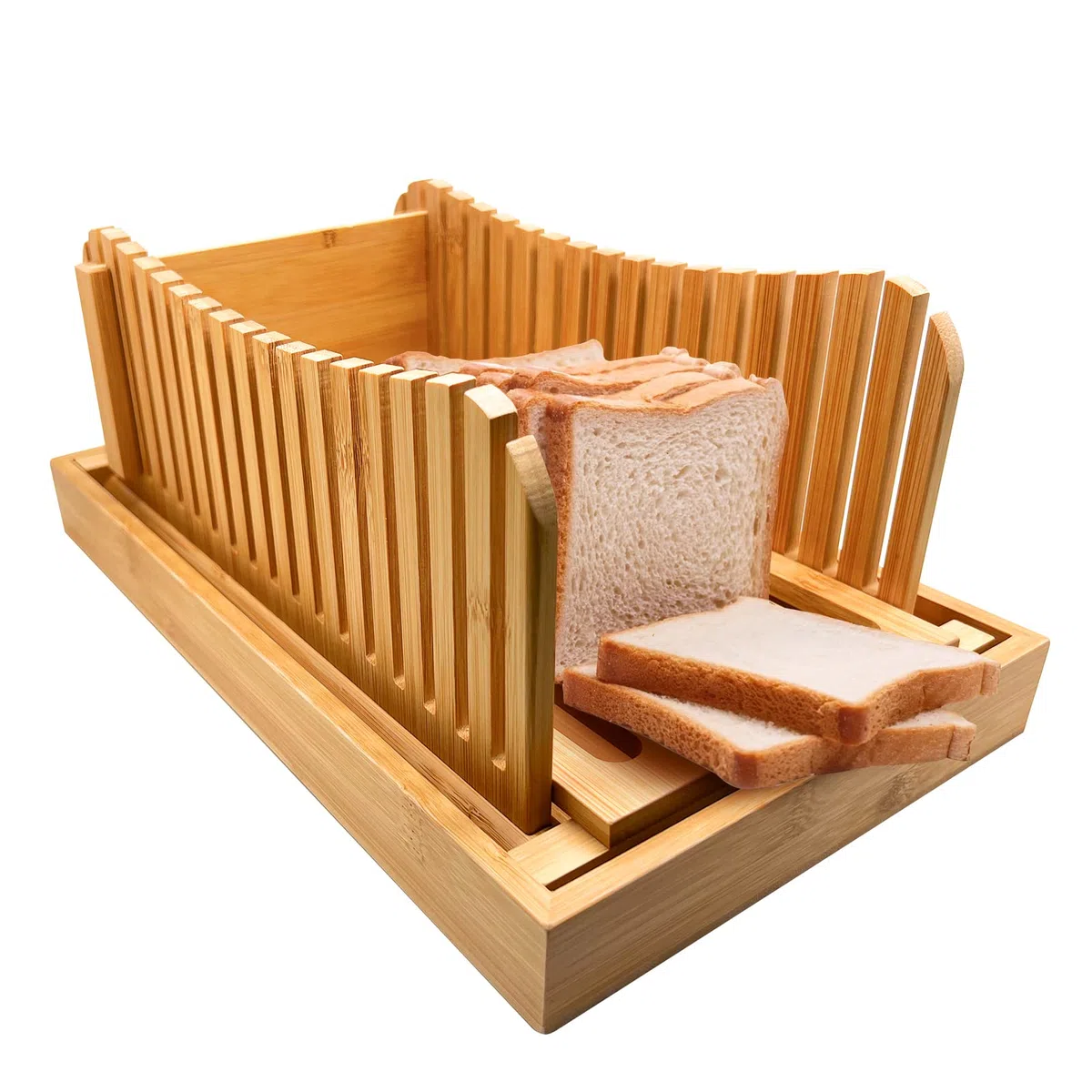 Cortadora de pan plegable de madera de bambú de 35 × 20 cm, grosor compacto y ajustable, con bandeja para migas - Grosor de 3 rebanadas para pan