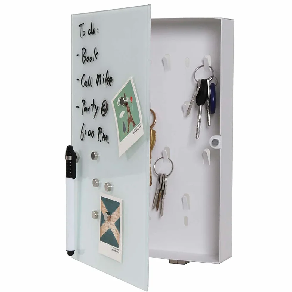 BAKAJI Caja de Llavero con Pizarra magnética de Cristal + imanes y rotulador, Color Blanco, único