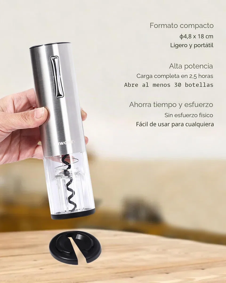 Sacacorchos Eléctrico, Abridor de Vino Portátil y Recargable, Abridor de Botellas de Vino con Cortador de Papel de Aluminio y Cable de Carga Micro USB