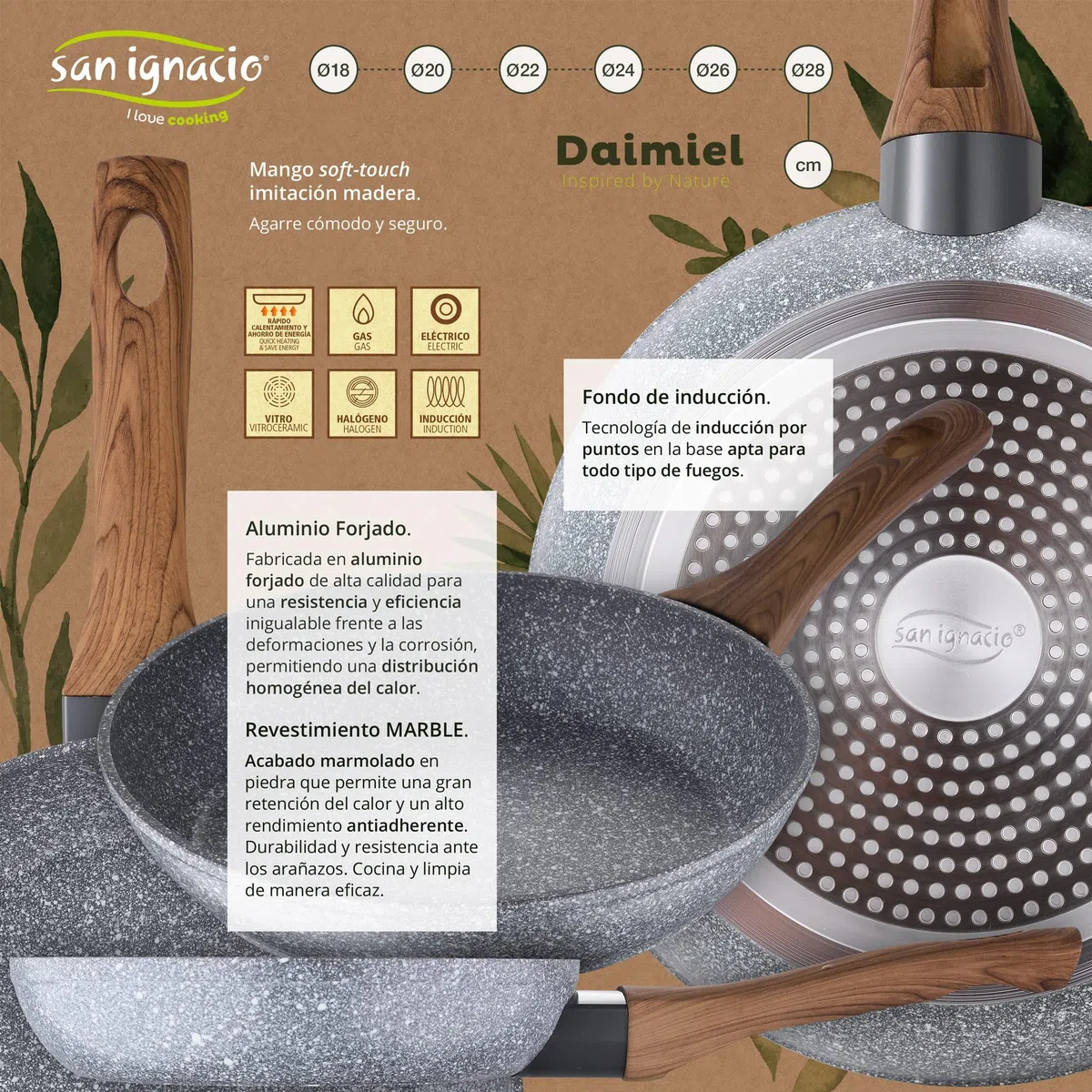 San Ignacio Set 4 sartenes Ø20 Ø24 Ø26 y Ø28 Daimiel, aluminio forjado, inducción