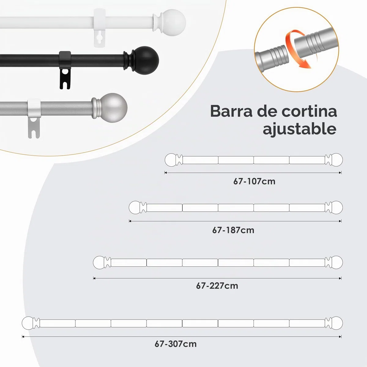 Barra de Cortina 3m con Extremos Redondos y Soporte, 67-307cm Barra Cortinas Moderna en Plata para Ventanas de Dormitorio y Salón