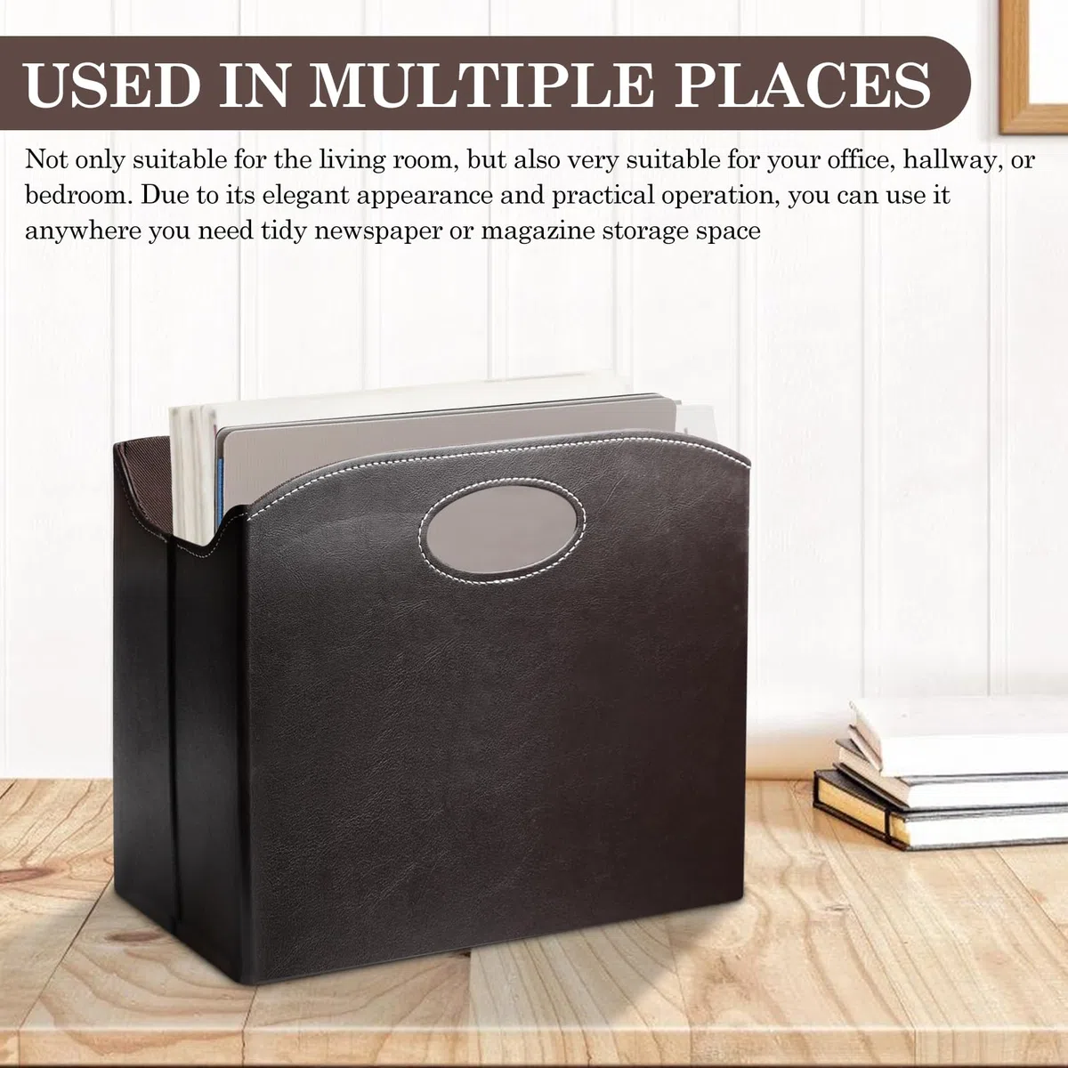 Revistero de cuero moderno, portarevistas de cuero con asa, revistero de cuero con compartimentos, cesta de periódicos plegable, portarevistas cesta de periódicos para casa oficina salón