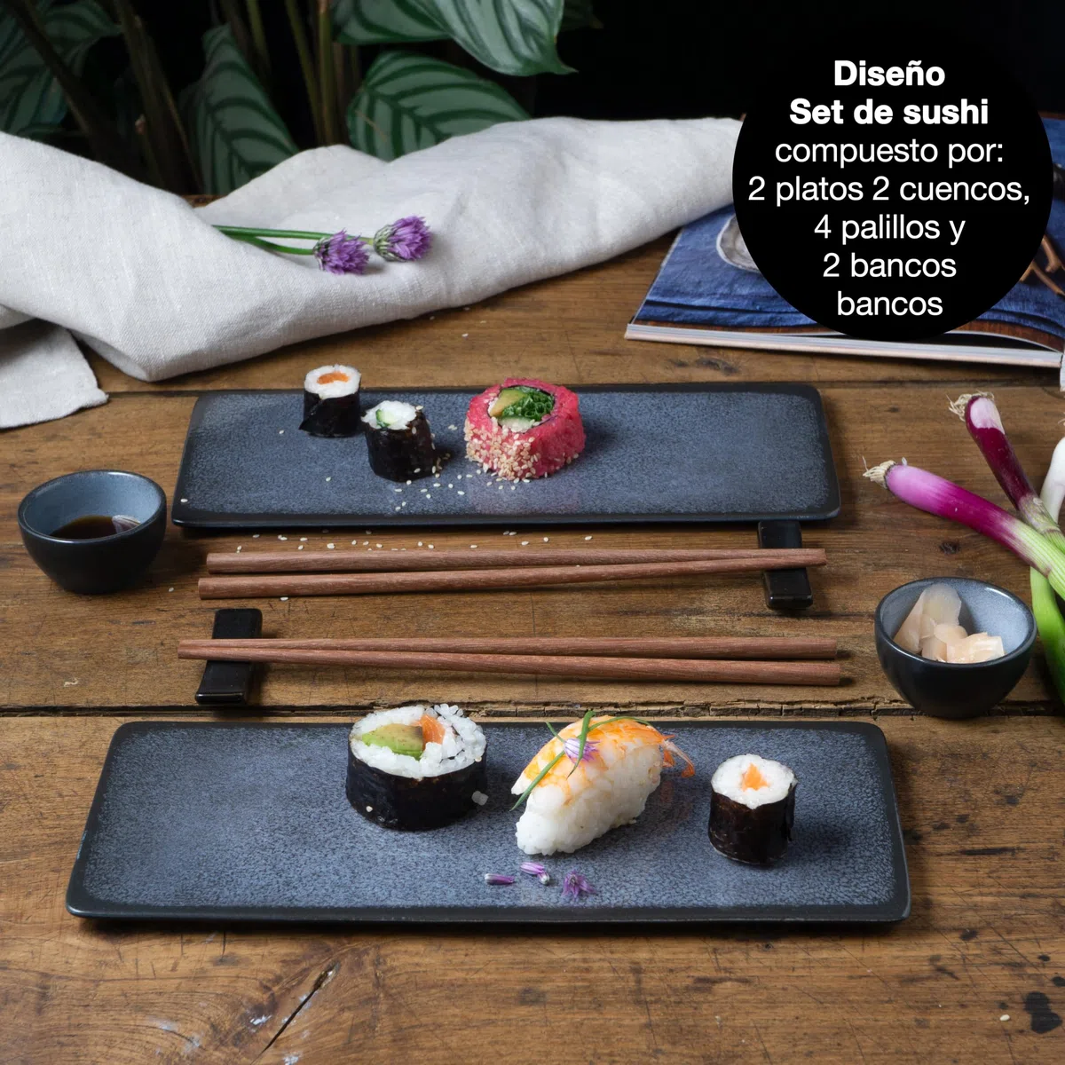 Moritz & Moritz Vajilla Sushi - Platos Sushi Ceramica - Plates Set 10 Piezas para 2 Personas - Plato Sushi con Palillos Soporte de Palillos Cuencos para Wasabi