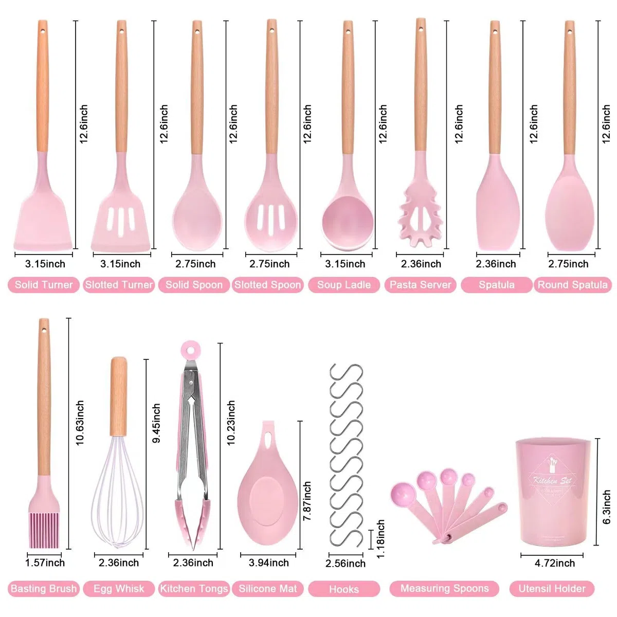Utensilios Cocina de Silicona, 29 piezas juego de utensilios de cocina de silicona de con soporte para utensilios, mango de madera antiadherente resistente al calor (Rosa)