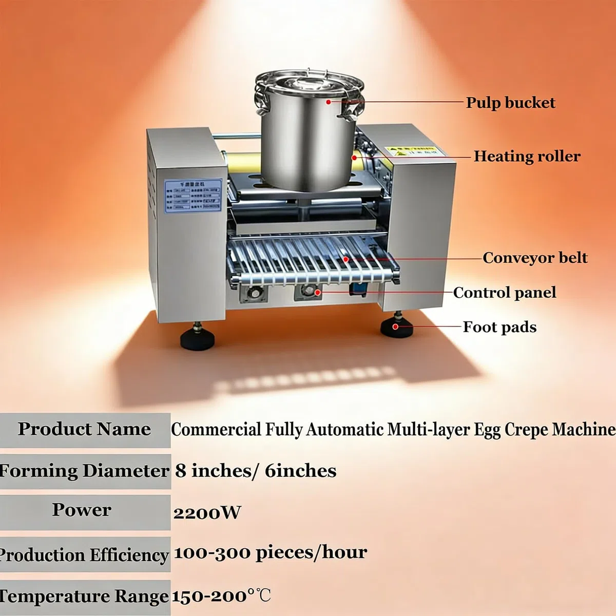 Máquina para Hacer Crepes Profesional automática de 2200 W con Temperatura y Velocidad Ajustables para Preparar Crepes de mil Capas (15 cm/20 cm) 6in