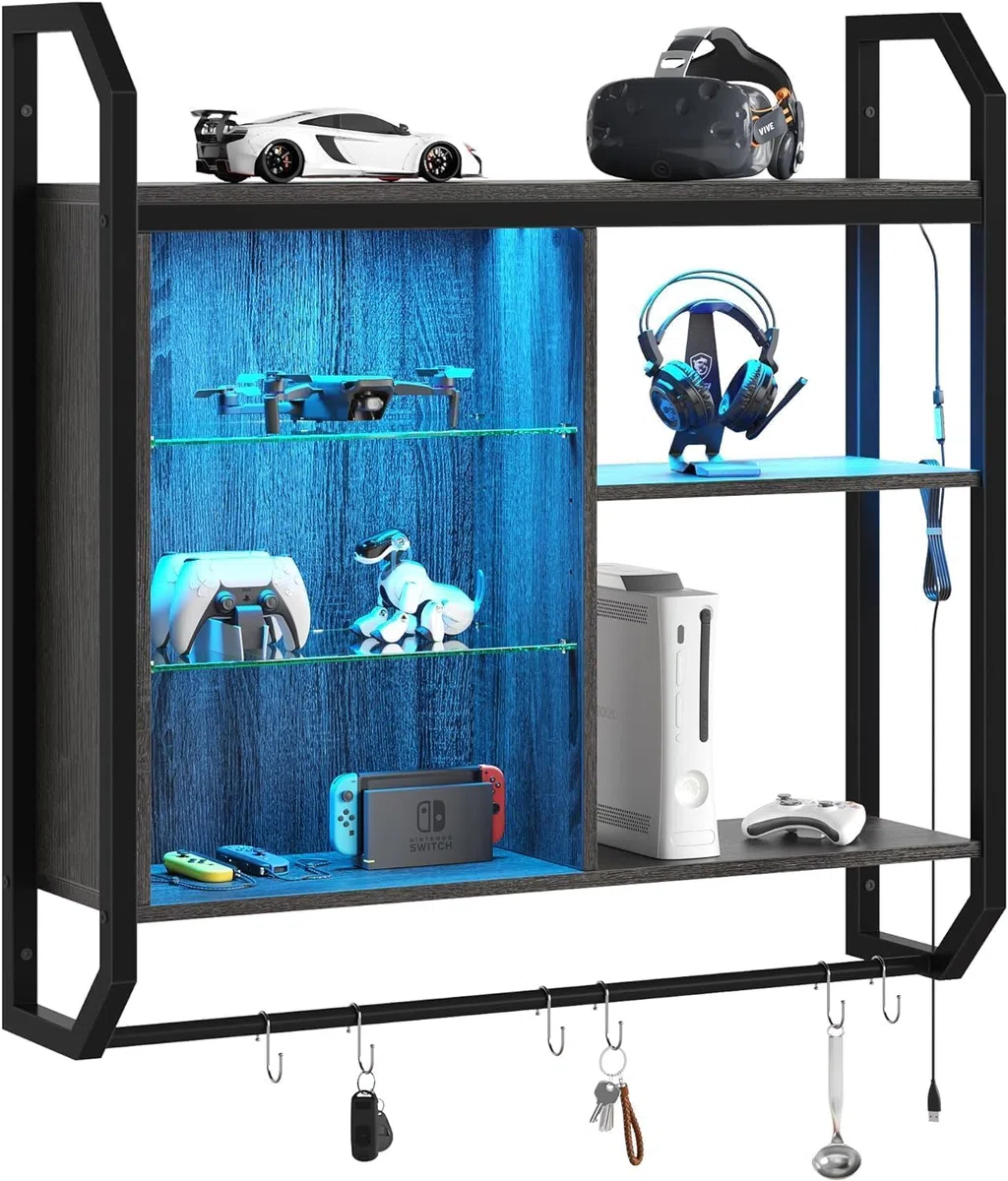 Gaming Estantes Flotantes,84CM LED Estante Montado en la Pared con Estante de Vidrio Ajustable,Estantes de Tubo Colgando Estante de Exhibición de Libros con 6 Gancho en forma de S,Juegos Vino Café Bar