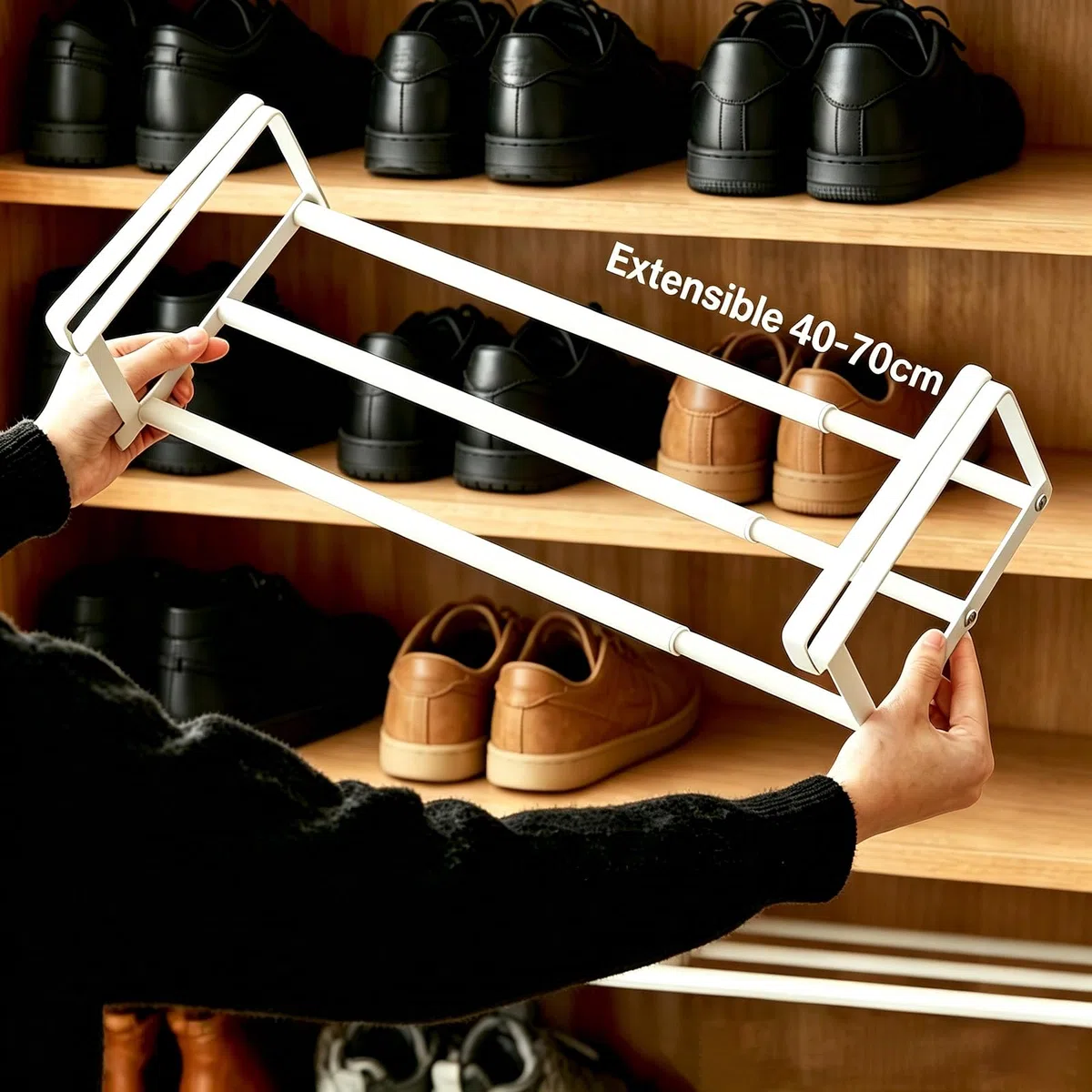 2 Piezas Organizador Zapatos Extensible 40-70 cm, Zapatero Colgante Organizador en el Armario,Soporte Colgante Ajustable, para Armario, Zapatero, Cocina y Baño (Blanco)