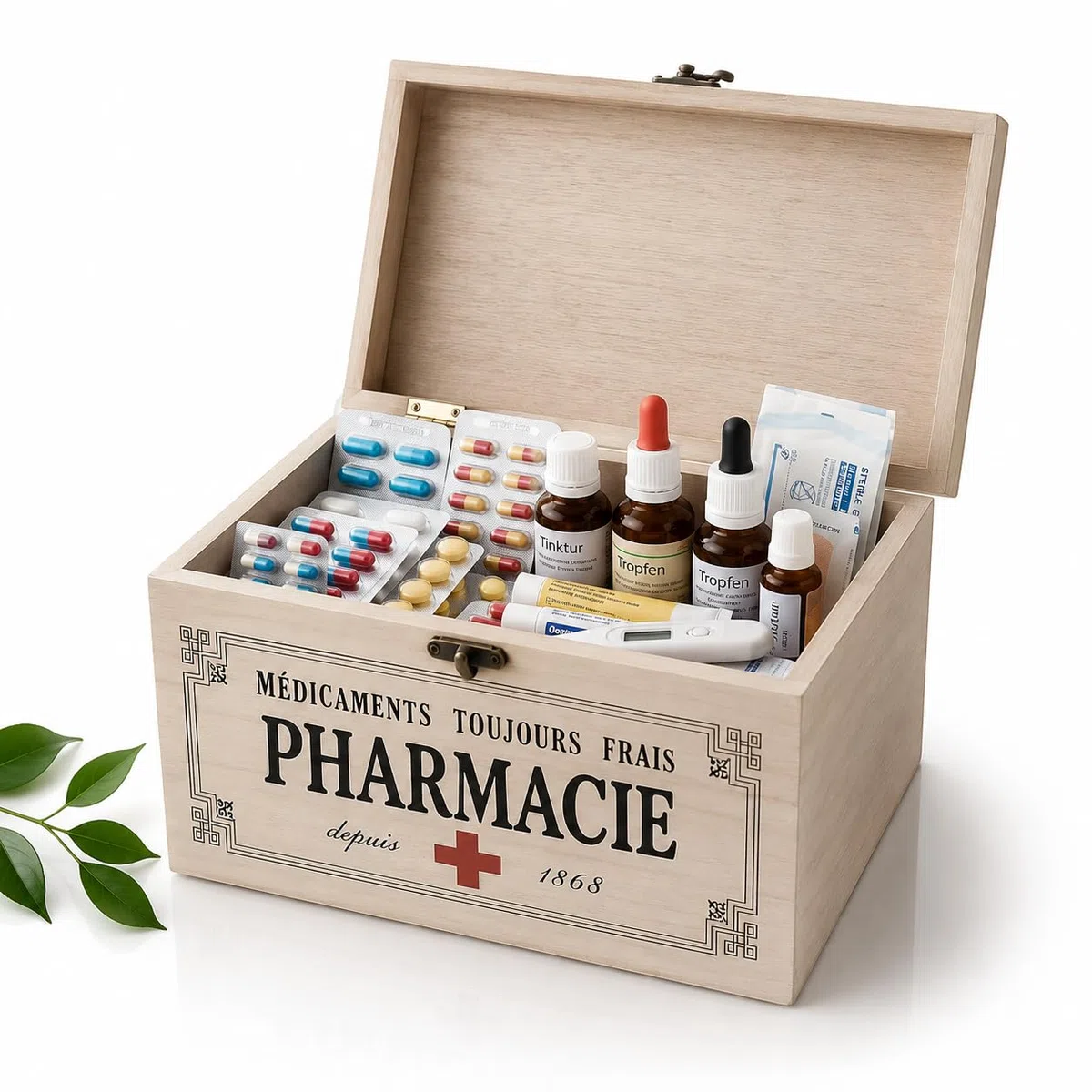 khevga - Caja con Tapa de Madera y decoración con Motivos de Farmacia (23 x 13 x 13 cm)