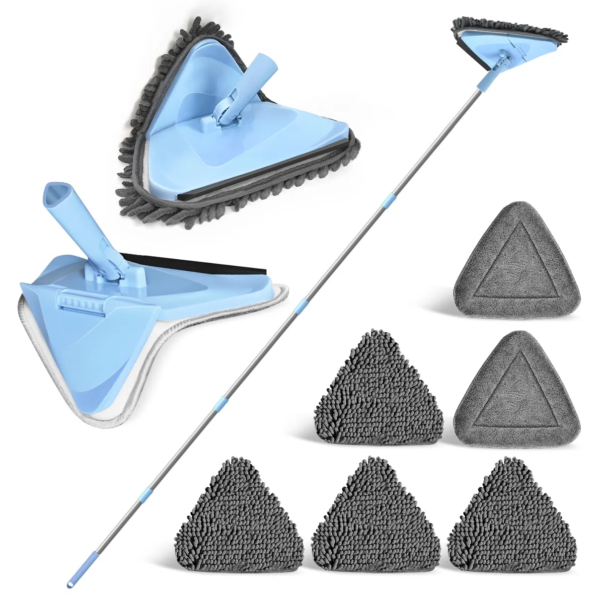 NEWE Fregona Techo Extensible hasta 202 cm, Mopa Triangular Giratoria 360° para Limpiar Azulejos y Paredes con 4 Plumeros de Chenilla y 2 Almohadillas de Microfibra