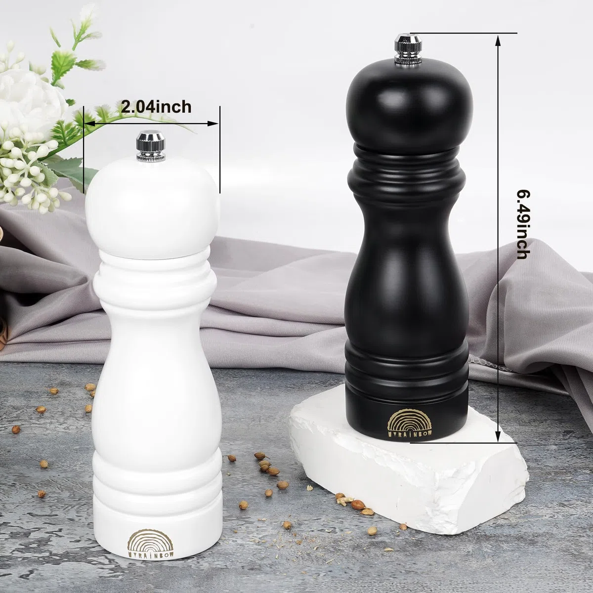 MYRAINBOW Juego de molinillos de sal y pimienta – Molinillos de madera ajustables, molinillos de sal y pimienta blancos y negros, salero y pimentero recargable con grosor ajustable, 7 pulgadas para