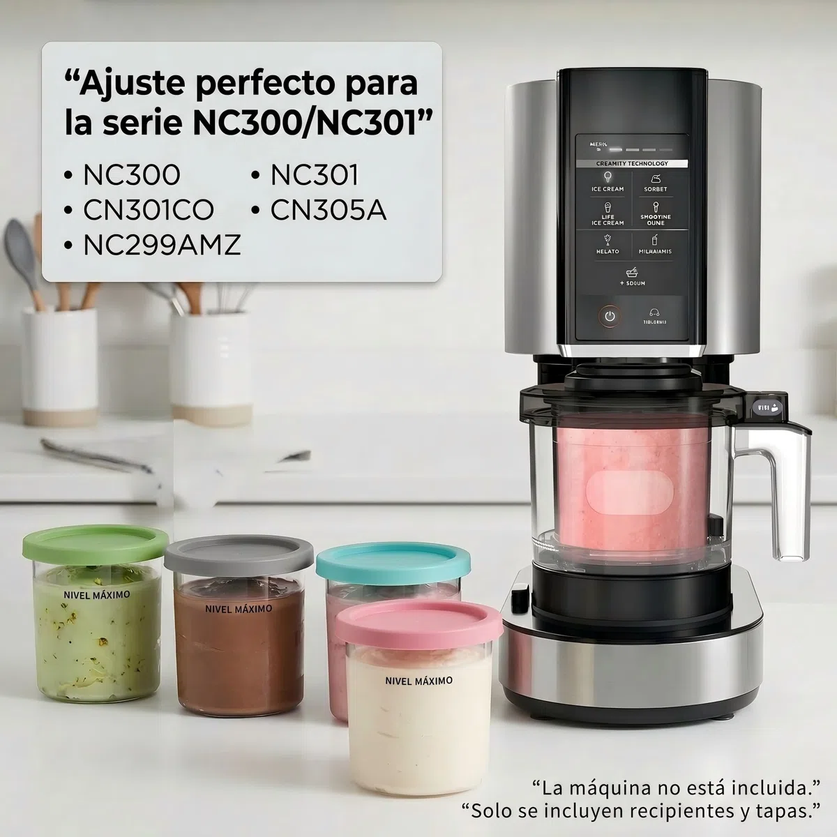 Juego de 4 recipientes de repuesto para Ninja Creami NC301 Serie, 473 ml para hielo con tapas, compatible con NC300 NC299AMZ, sin BPA, accesorio a prueba de fugas para proteínas y helados