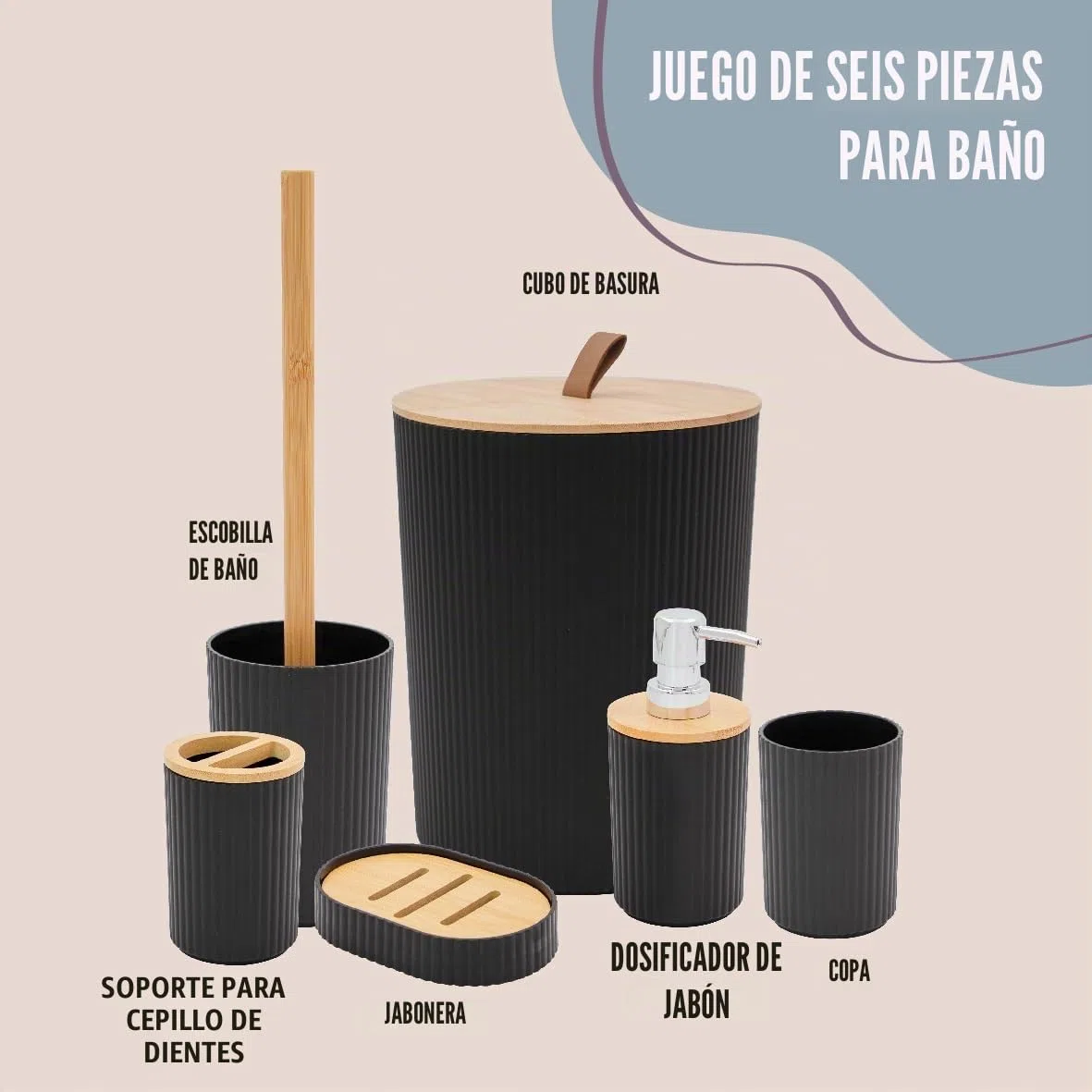 Juego de accesorios de baño Anika/Juego moderno de accesorios esenciales de baño/Incluye soporte para cepillo de dientes, cubo de basura, escobilla de baño, vaso, plato de jabón y dispensador de jabón