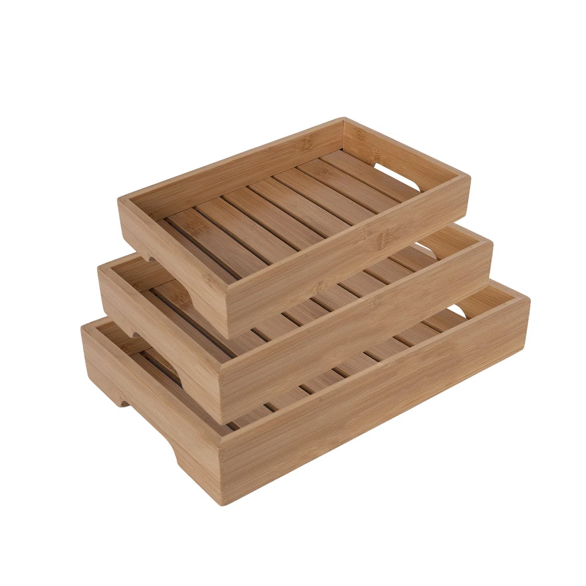 Set de 3 Bandejas de Bambú con Asas Ocultas, Organizadores Multiusos para Cocina, Comedor y Salón, Medidas: 38x26, 35x23, 32x20 cm, 5 cm de Alto,XZ-22115-1
