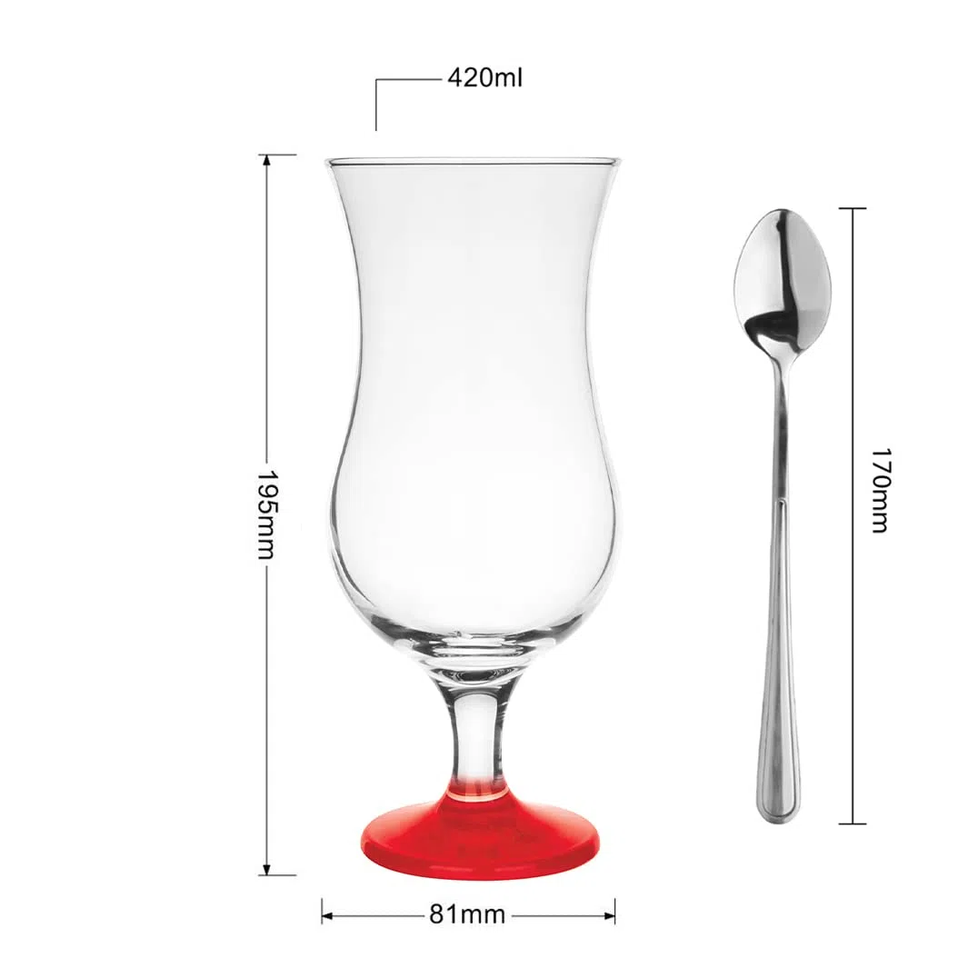 Glasmark KROSNO 1992 Juego De 6 Vasos Para Cócteles En Vidrio Transparente Con Cucharillas Para Zumo Agua Soda 420 ml Fondo De Color Rojo
