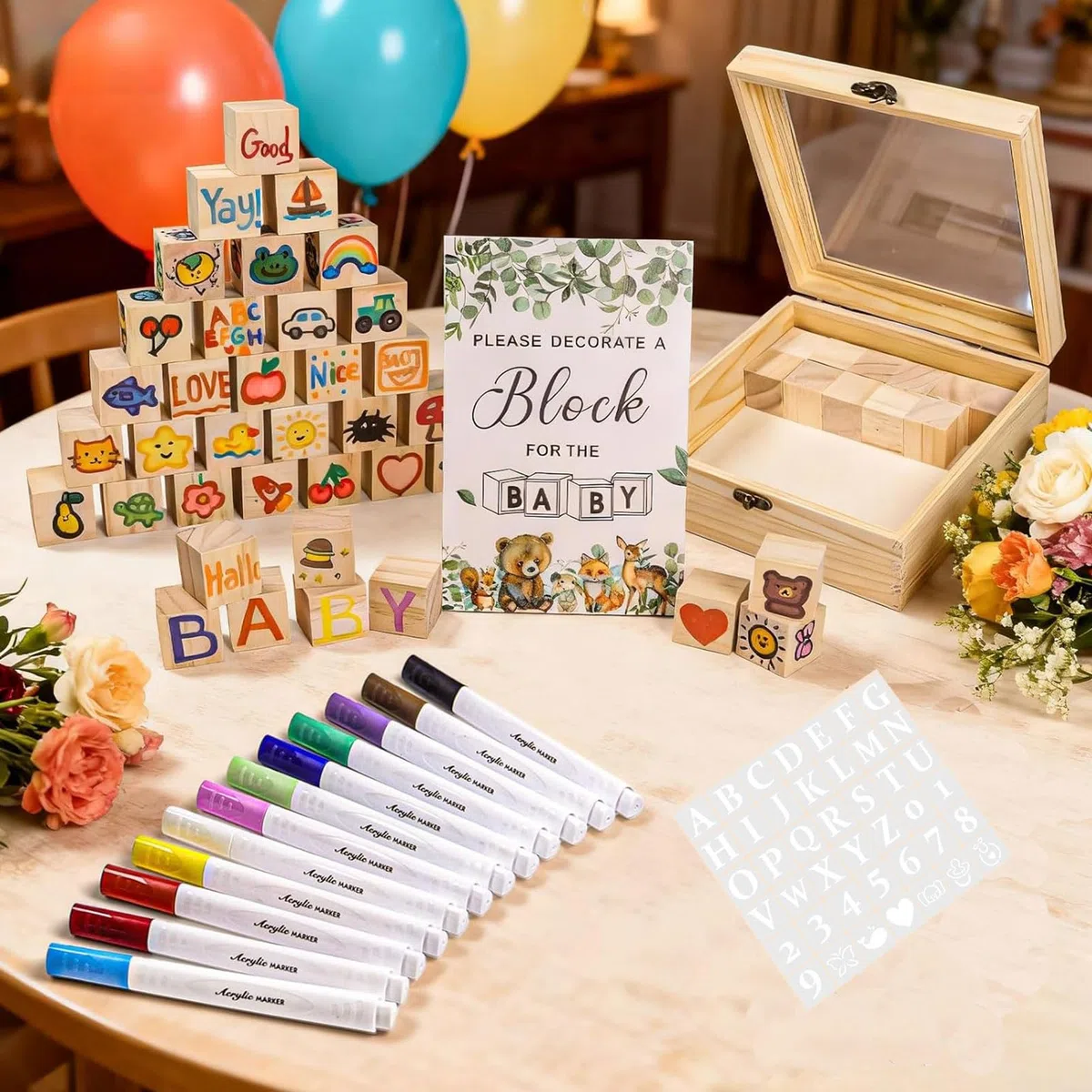 Brrnoo Juego de Bloques para Baby Shower con 48 Bloques de Madera, 12 Bolígrafos de Colores, 42 Plantillas, Caja de Madera para Fiesta de bebé, Revelación de Género, Celebración d
