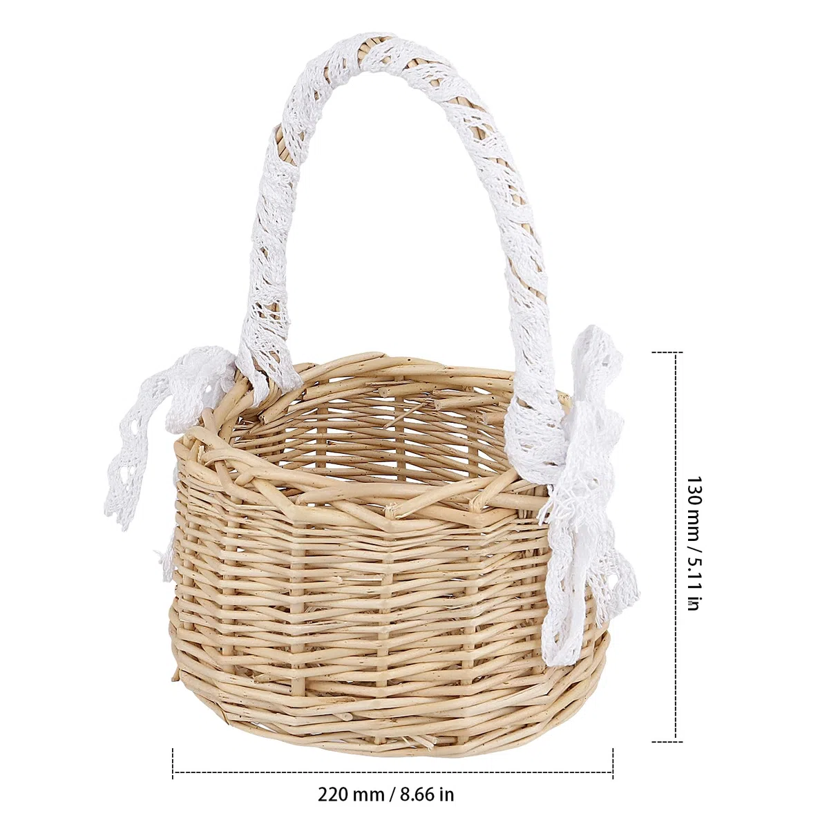 2 Cestas de Flores para Niña Trenzadas a Mano, 22 x 13 cm, con Asa y Encaje Blanco para Bodas, Decoración de Fiesta, Cestas Pequeñas de Mimbre Natural