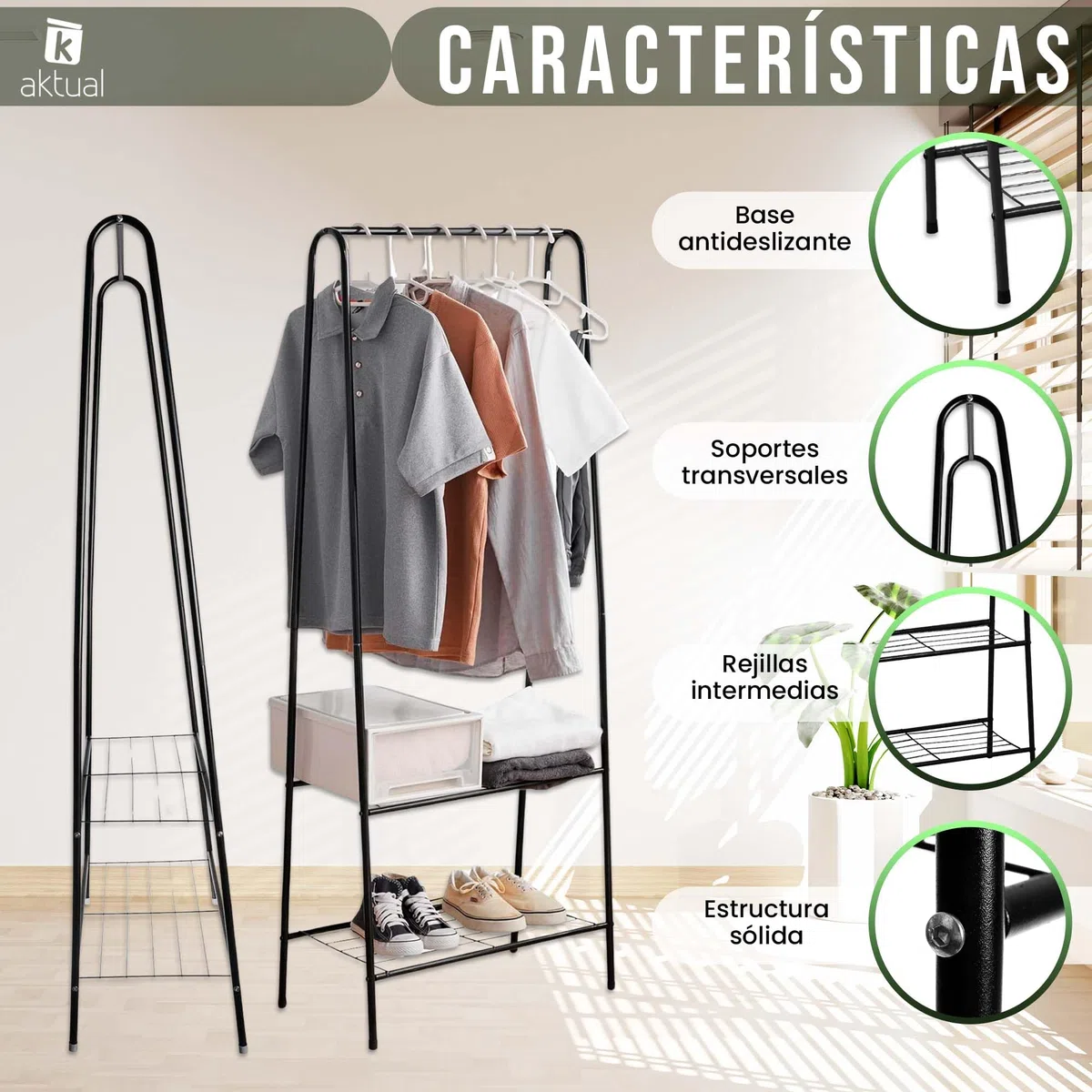 Perchero burro y zapatero -Burro ropa con 2 estantes - Medida 60 x 152 x 35 cm - Perchero burro ropa resistente de metal - Incluye 5 perchas de terciopelo