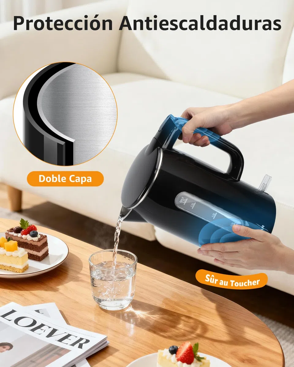 Aigostar Hervidor Agua Electrico de Acero Inox Negro 1,7 Litros - Hervido Rápido Electric Kettle 2200W, Doble Aislamiento, Ventana Visible, Sin Plástico en el Interior, Libre de BPA, Apagado Auto