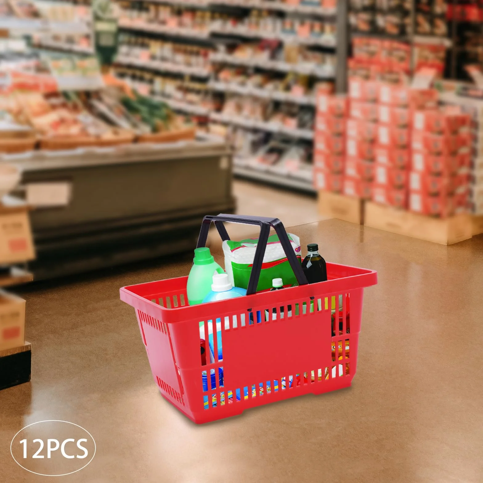 Cesta de la compra de plástico con asa, 12 unidades, 18 L, color rojo | Cesta de la compra apilable, cesta de la compra de supermercado, cesta de plástico portátil con asa, hasta 10 kg, color rojo