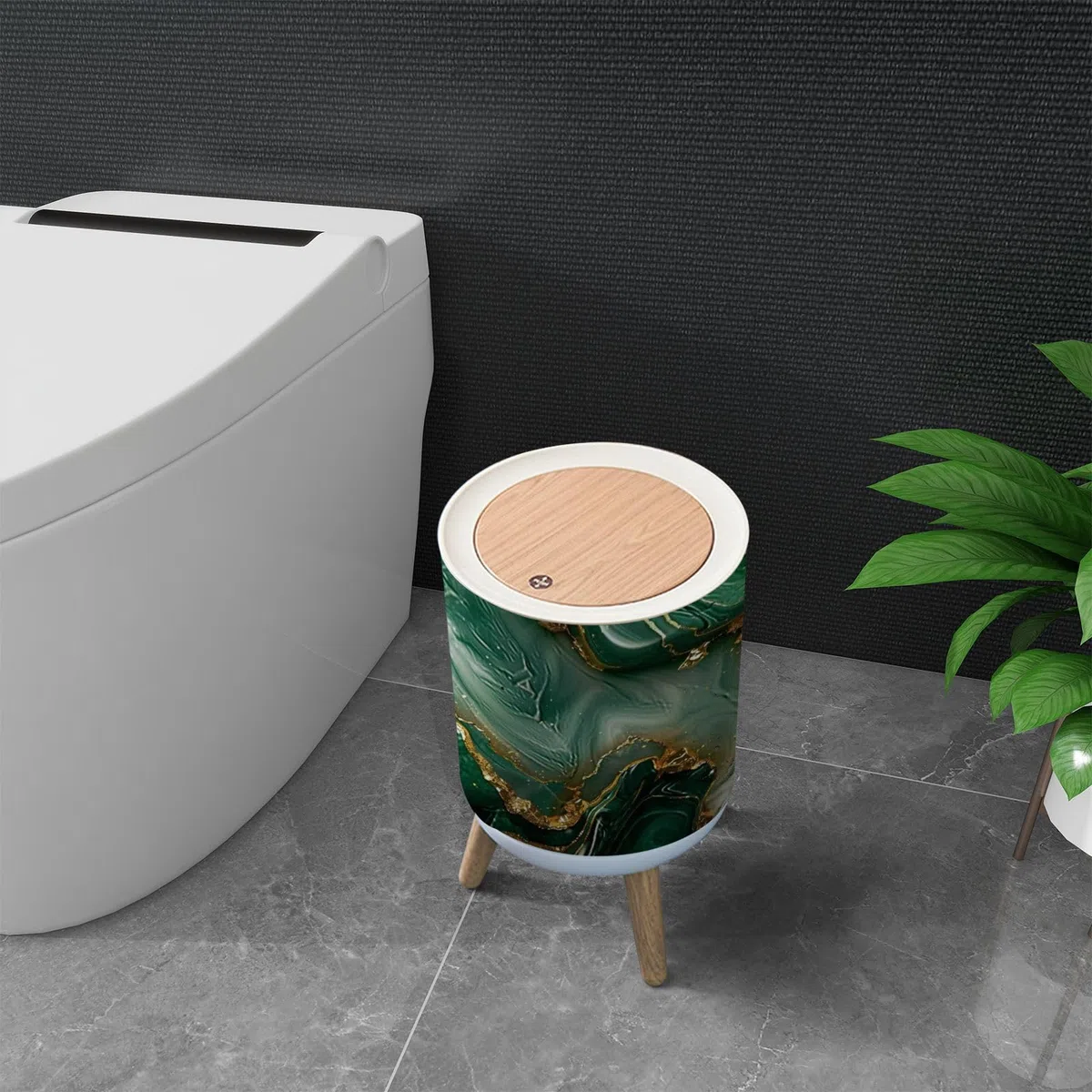 Cubo de basura con tapa, diseño abstracto de mármol de lujo, textura de mármol, verde y dorado, cubo de basura 3D, redondo, a prueba de perros, para cocina, baño, sala de estar, guardería,