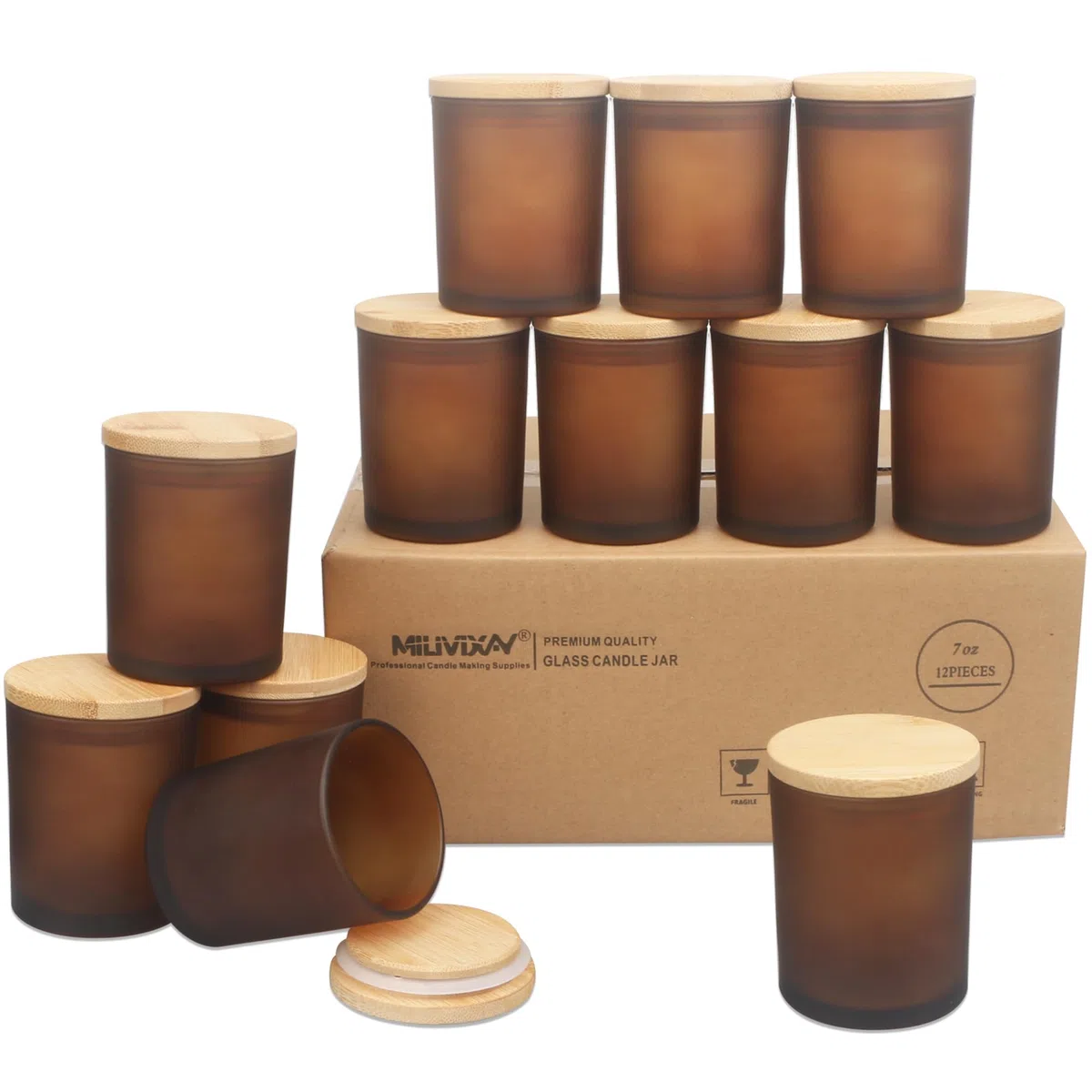 MILIVIXAY Paquete de 12 tarros de cristal grueso ámbar esmerilado de 7 onzas con tapas, tarro vacío a granel para hacer velas, recipientes de especias y polvo.