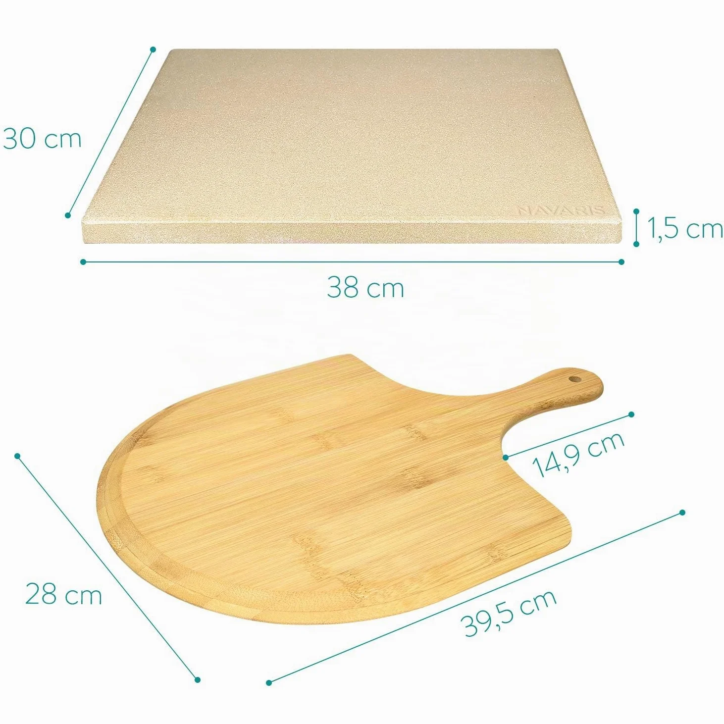 Navaris Set de piedra y pala para pizza - Piedra para horno de cordierita y pala de bambú - Bandeja para parrilla barbacoa y grill de 38 x 30 CM